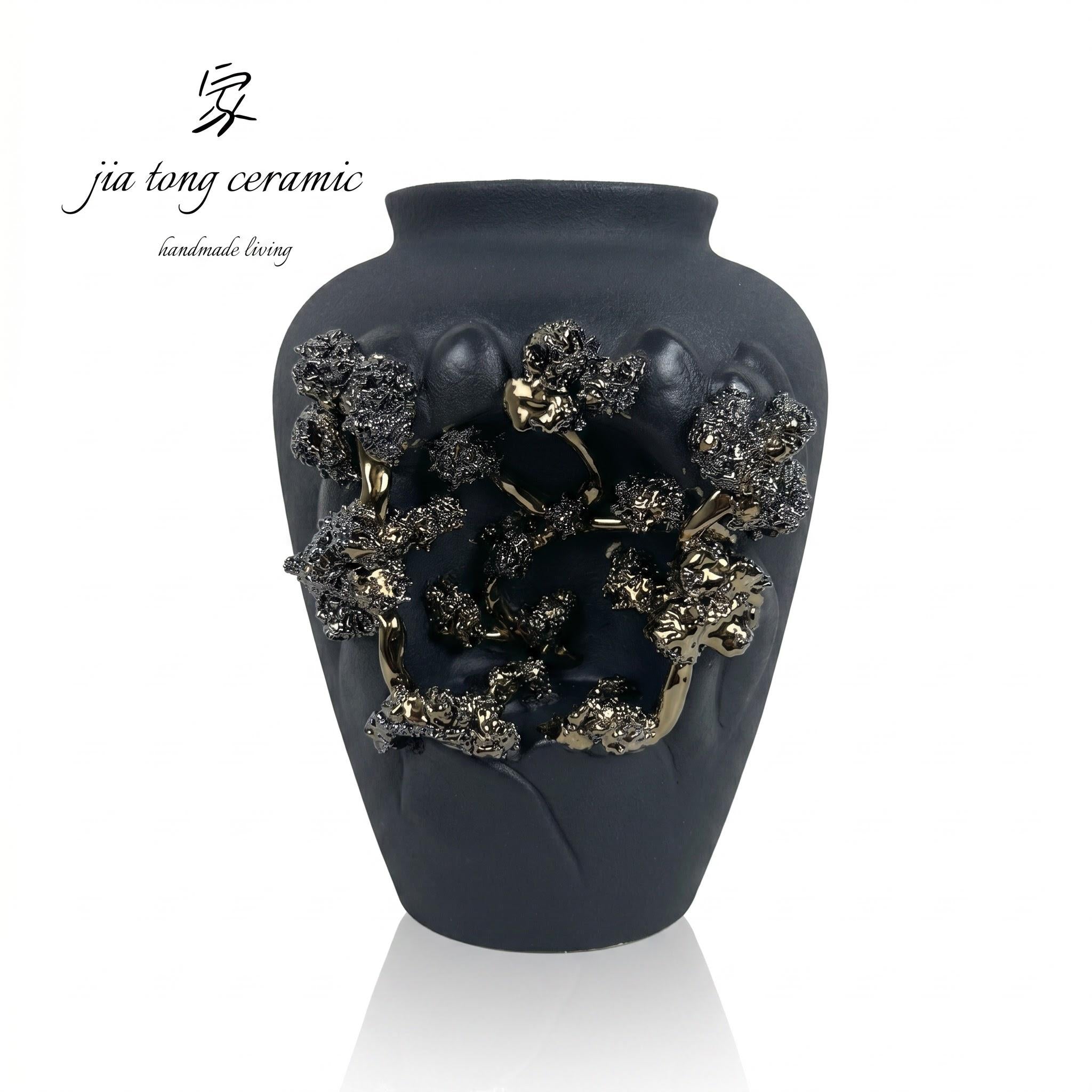 Black and Gold Embossed Floral Ceramic Vase