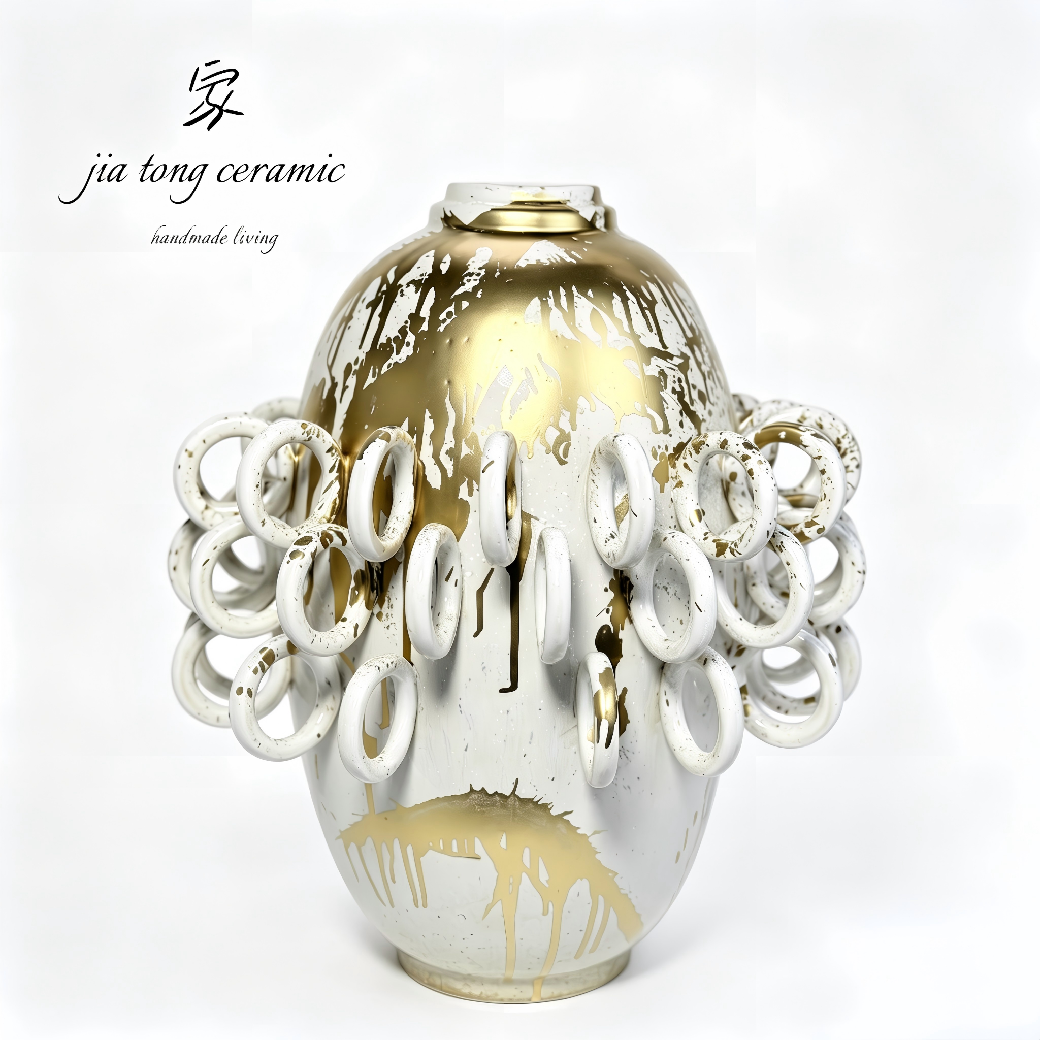 White and Gold Ring Ceramic Vase