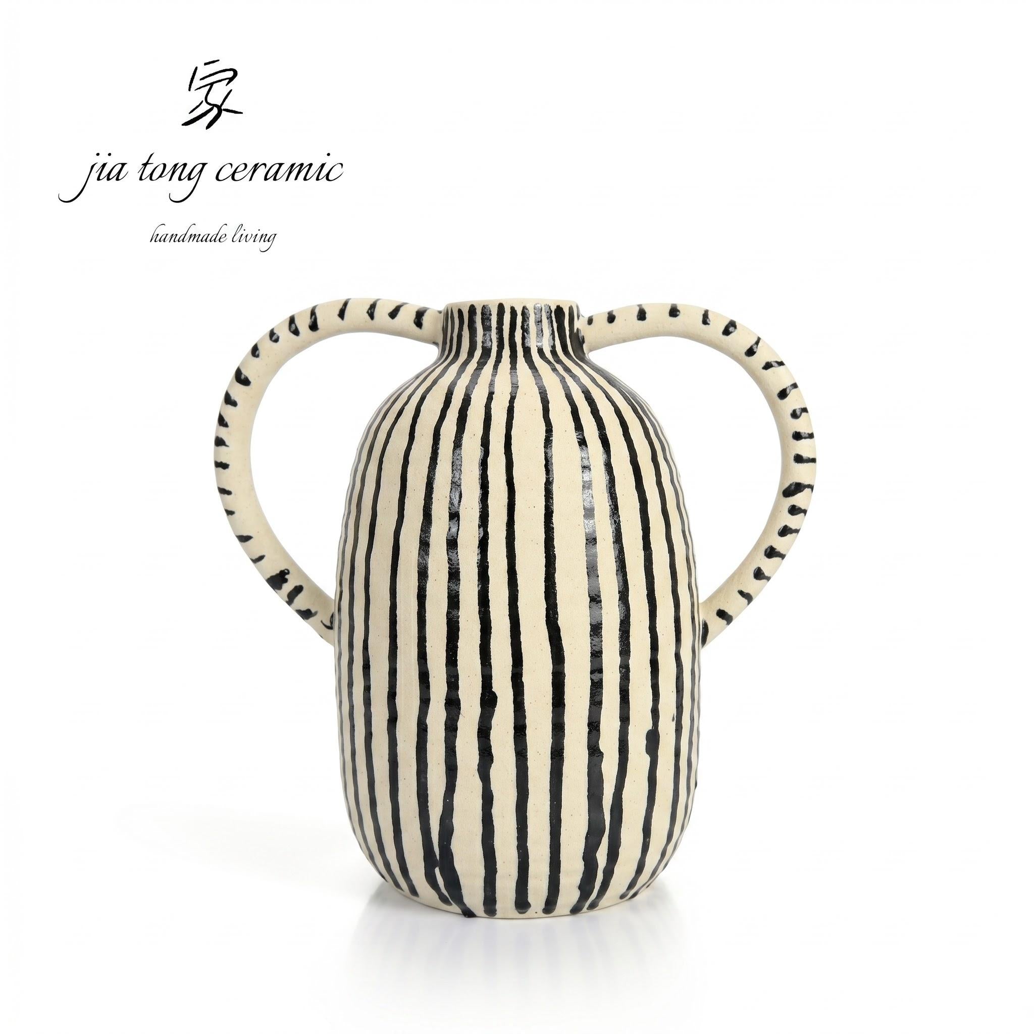 Double Handle Striped Ceramic Vase