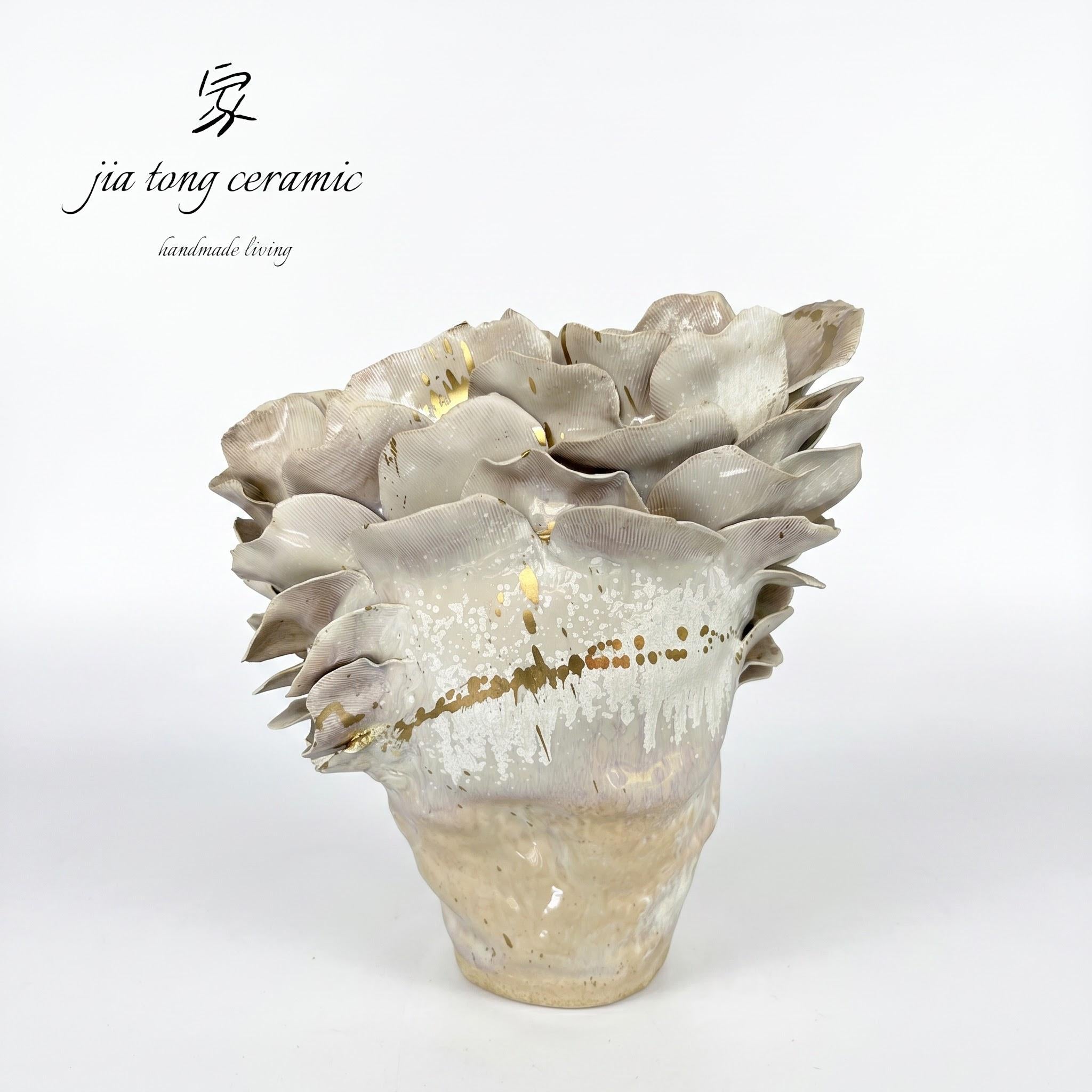 White and Gold Pedestal Petal Ceramic Vase