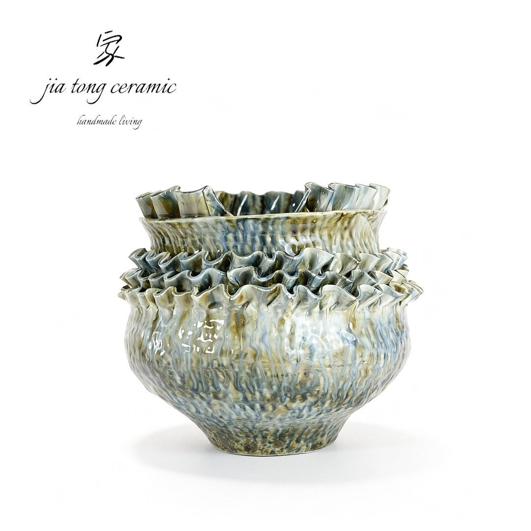 Blue Green Round Belly Ruffled Ceramic Vase