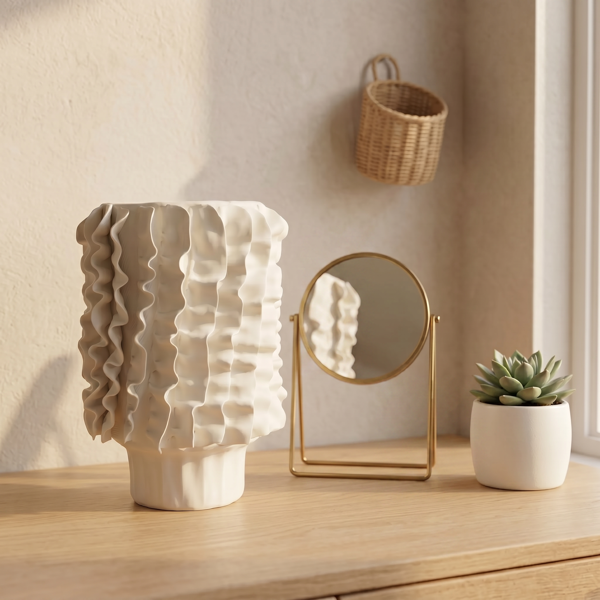 White Wavy Cylinder Ceramic Vase