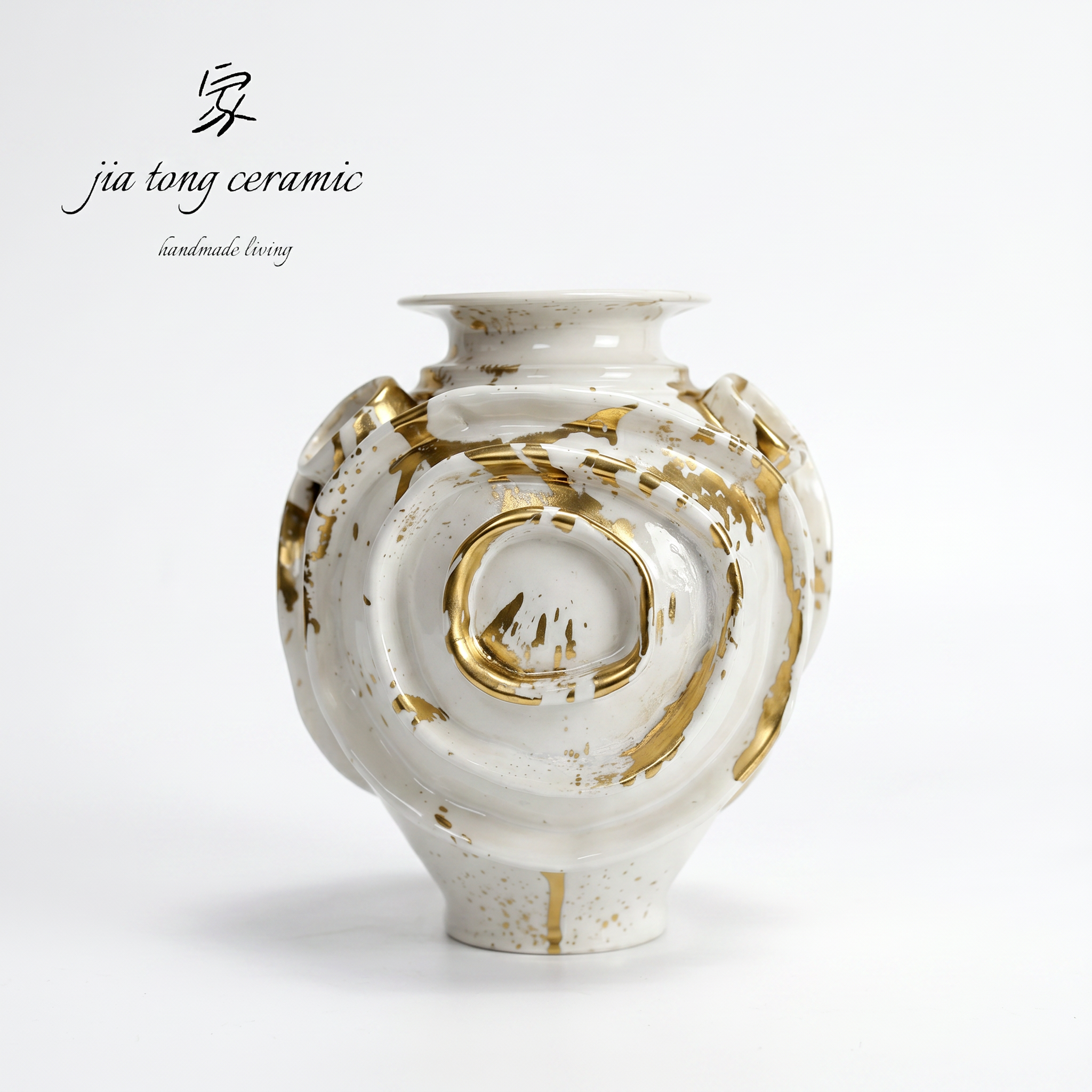 White and Gold Round Belly Ceramic Vase