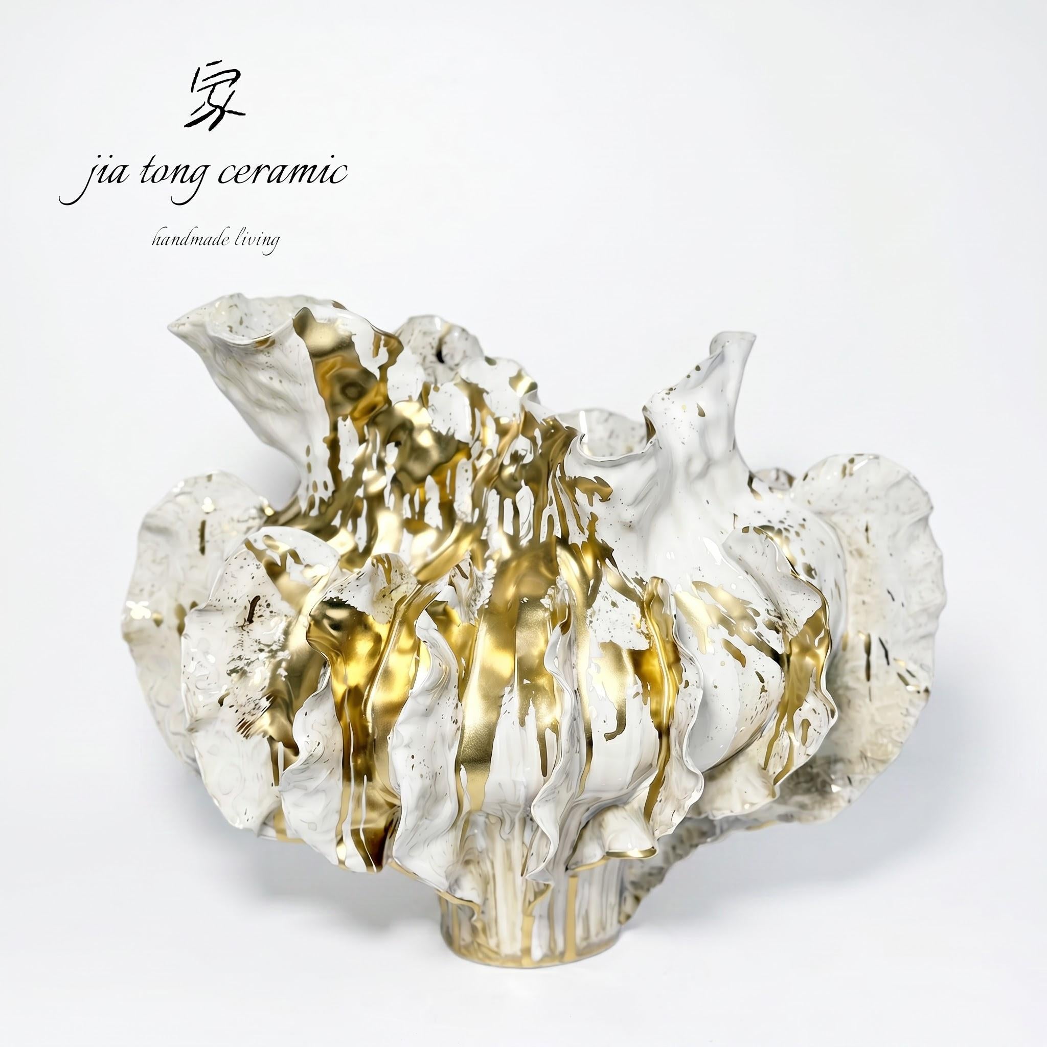 White and Gold Ruffled Art Ceramic Bowl & Tray