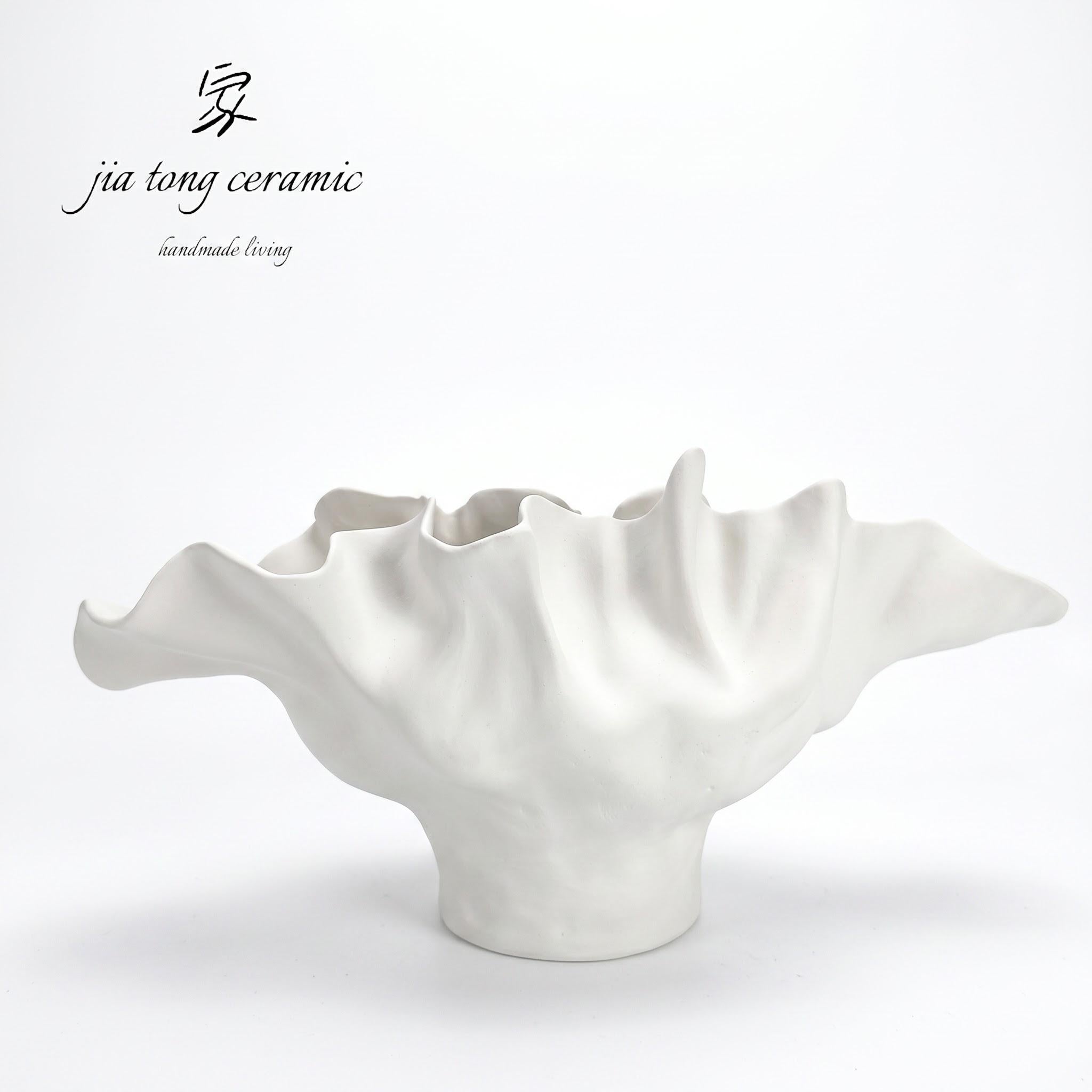 White Pedestal Floral Rim Ceramic Bowl & Tray