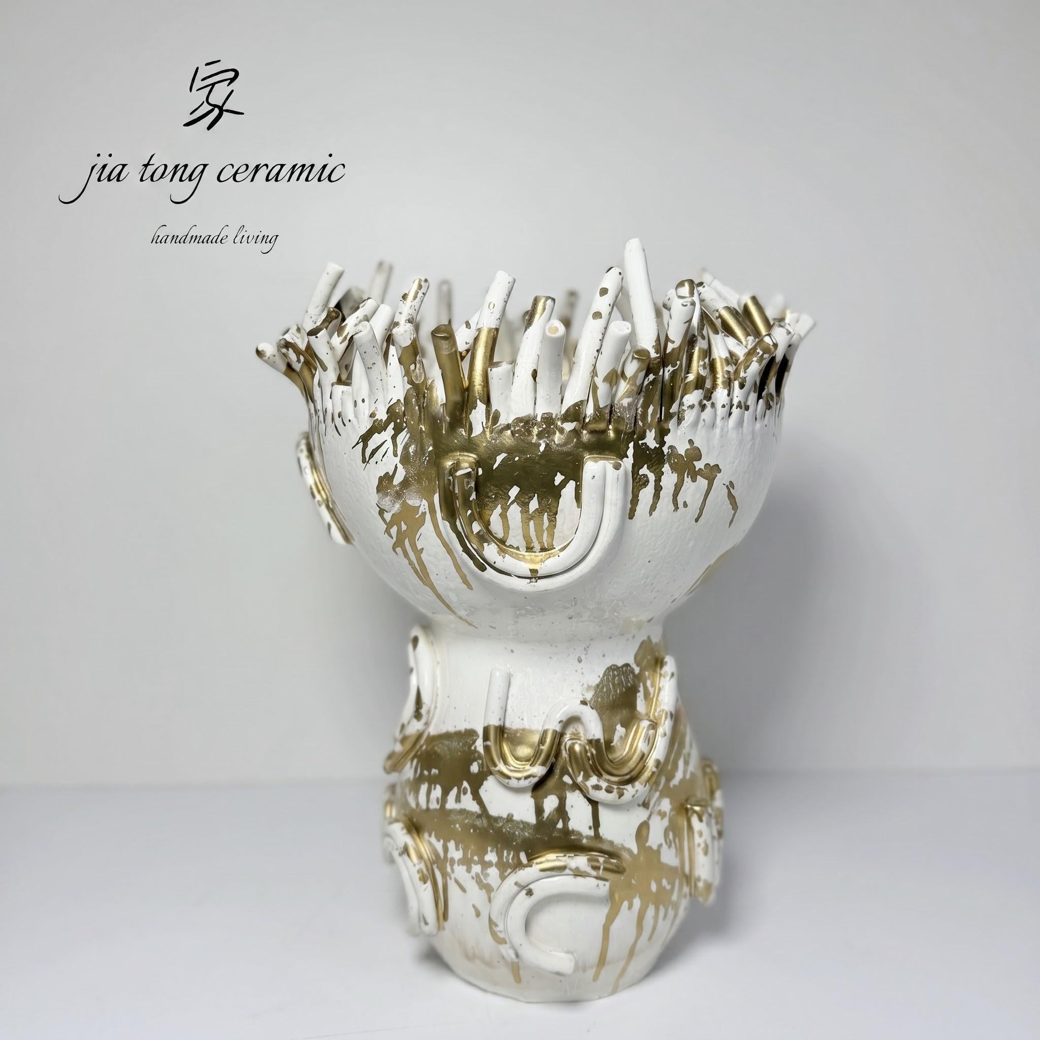 White and Gold Pedestal Ruffled Ceramic Vase
