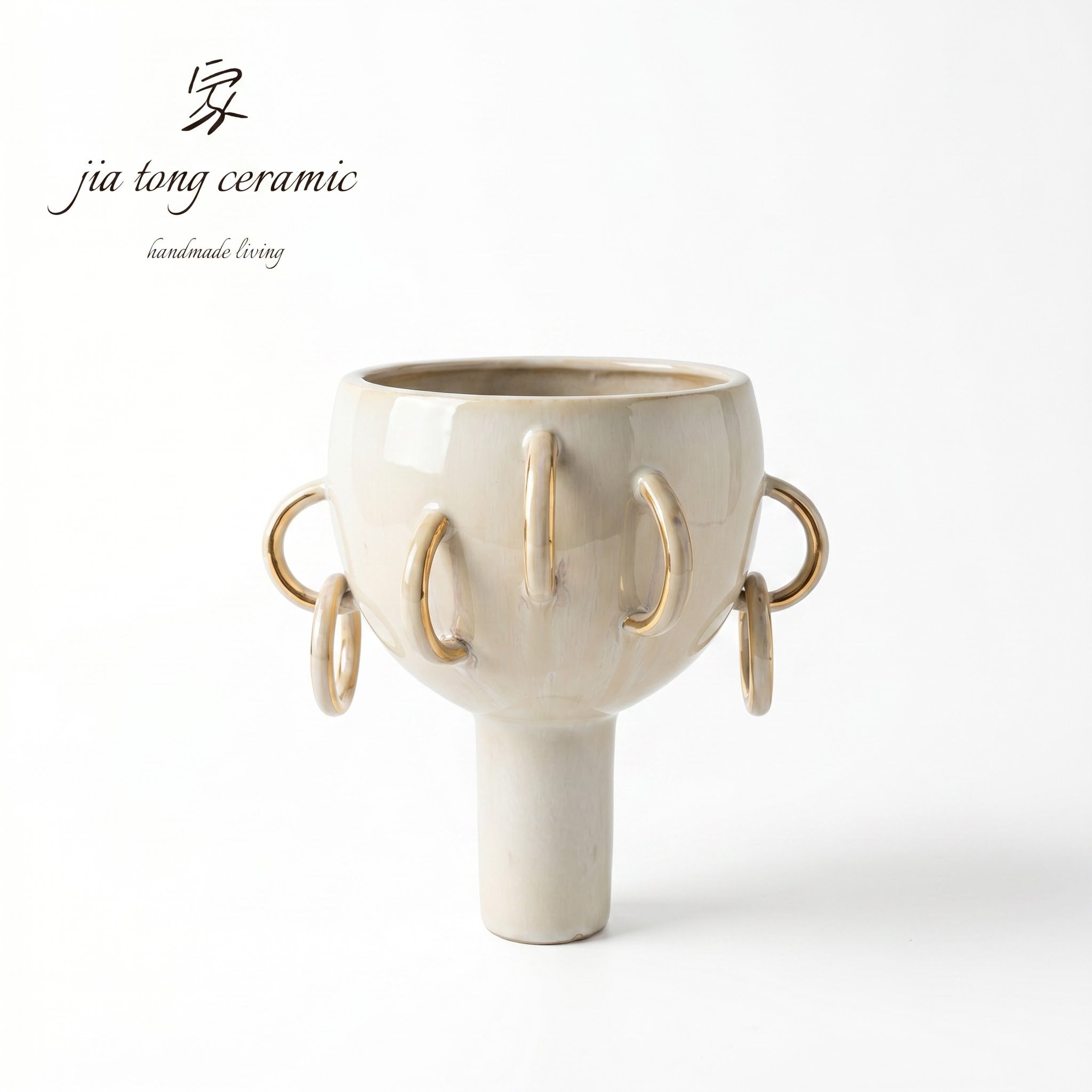 Milky White Glaze Ceramic Vase with Ring Handles, High Foot Modern Art Style for Tea Room Decor