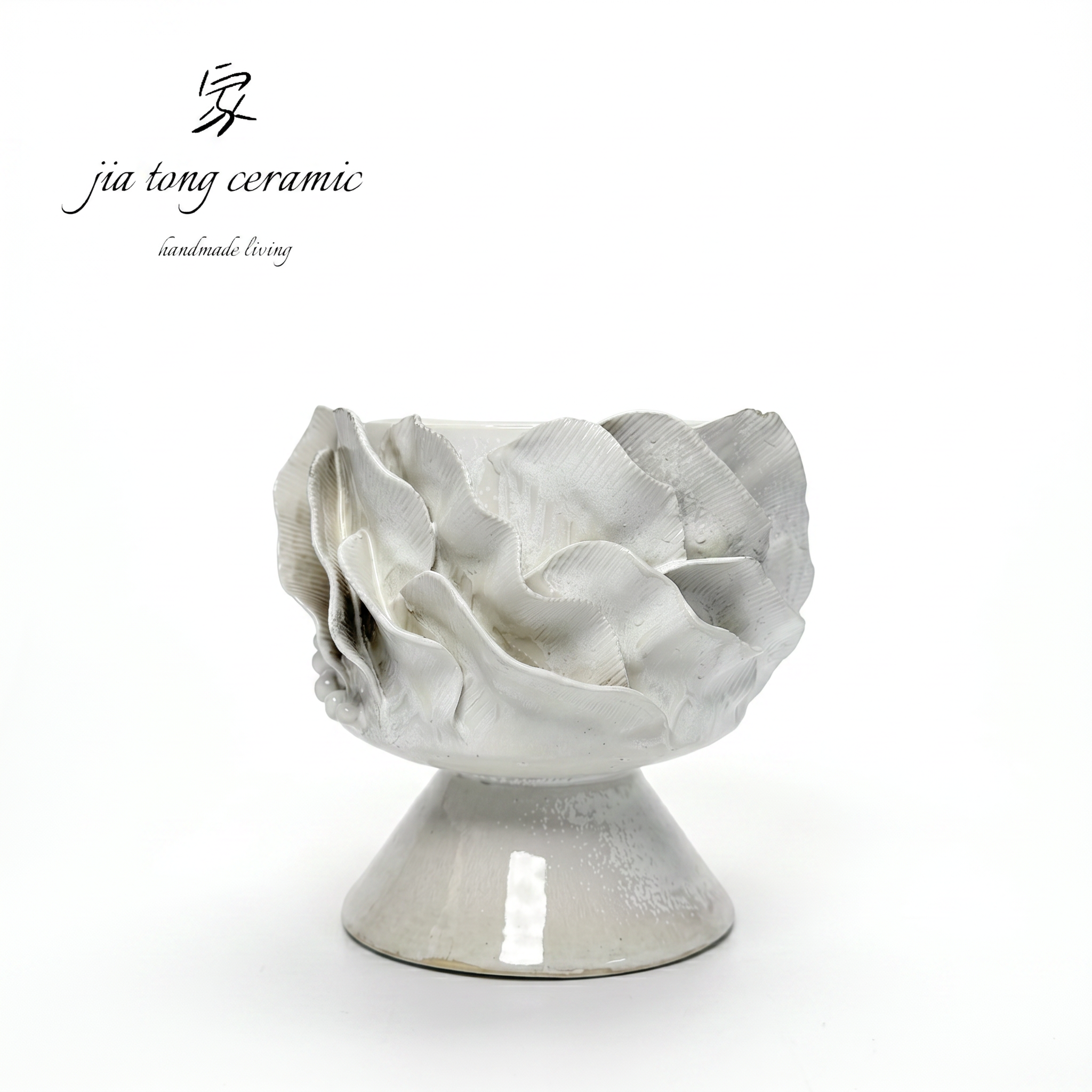 White Pedestal Petal Ceramic Bowl & Tray