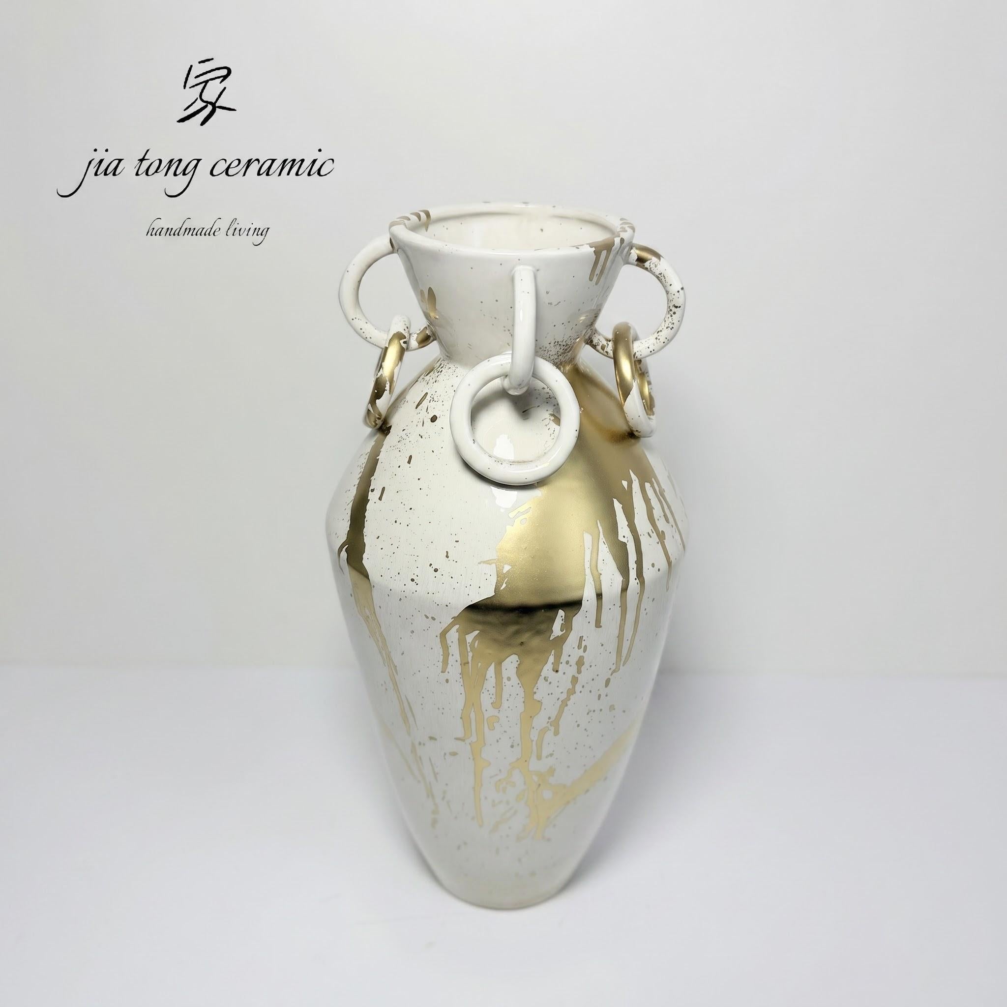 White and Gold Ring Ceramic Vase