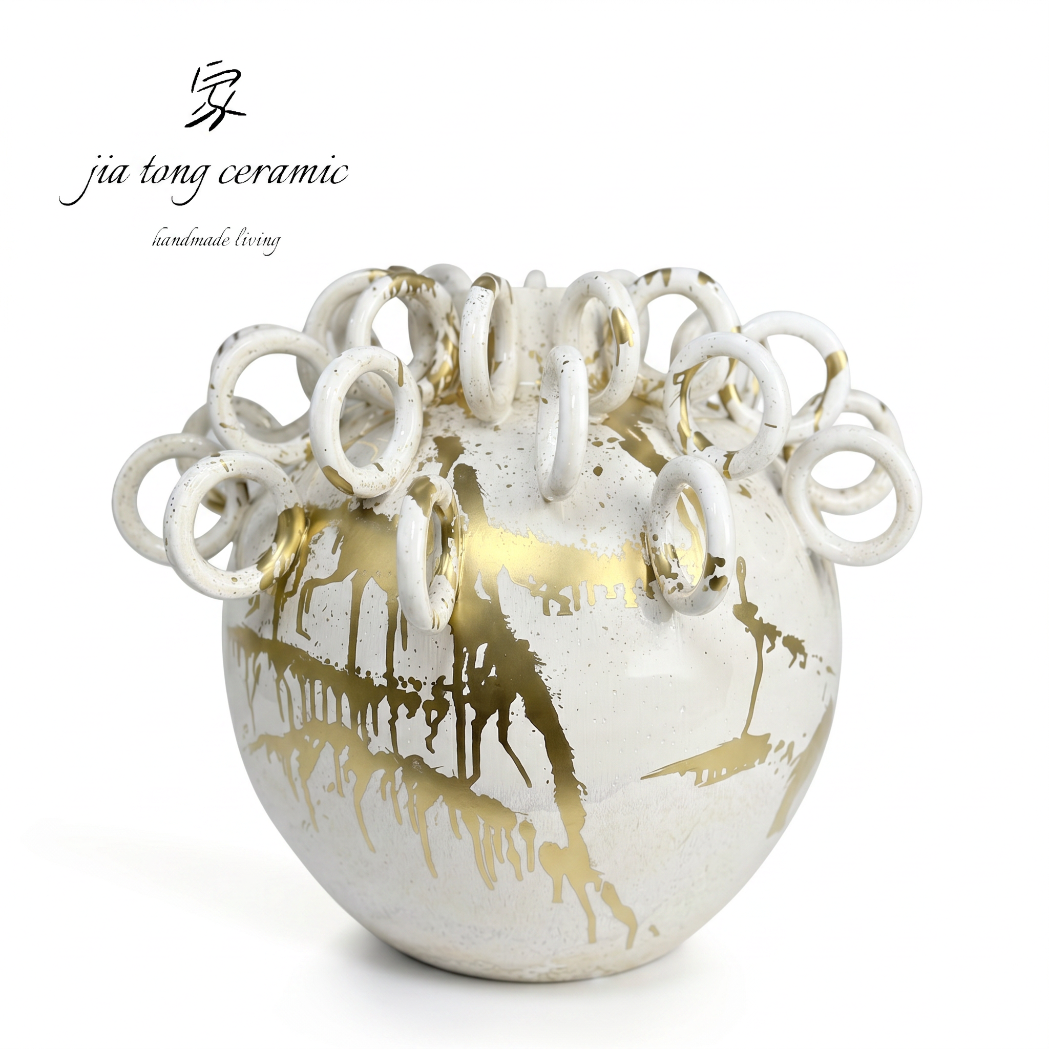 White and Gold Double Handle Round Belly Ring Ceramic Vase