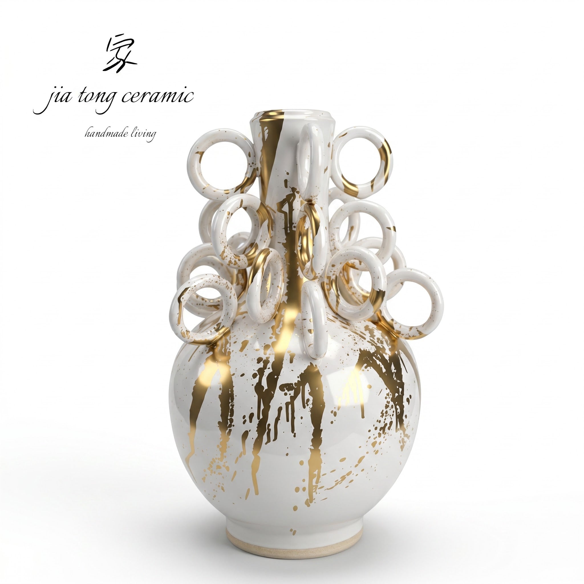 White and Gold Ring Ceramic Vase