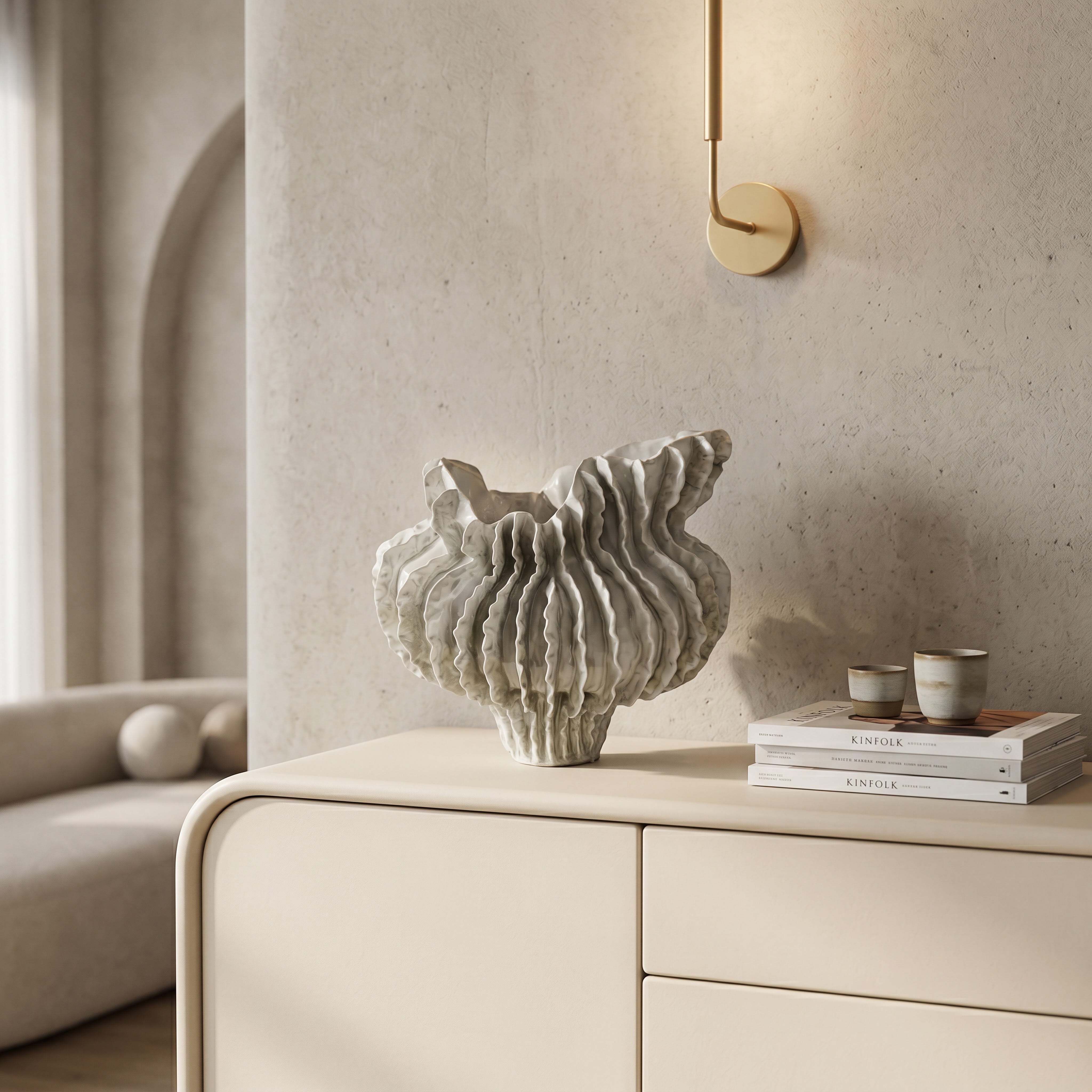 White Ribbed Ceramic Bowl & Tray