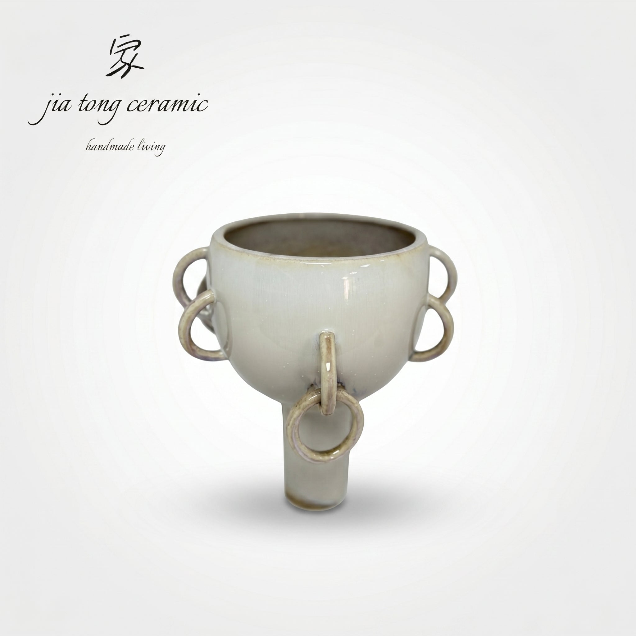 Milky White Glaze Ceramic Vase with Ring Handles, High Foot Modern Art Style for Tea Room Decor
