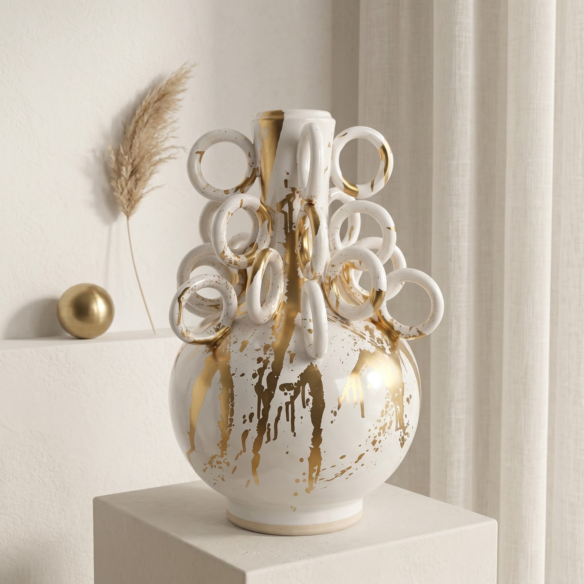 White and Gold Ring Ceramic Vase