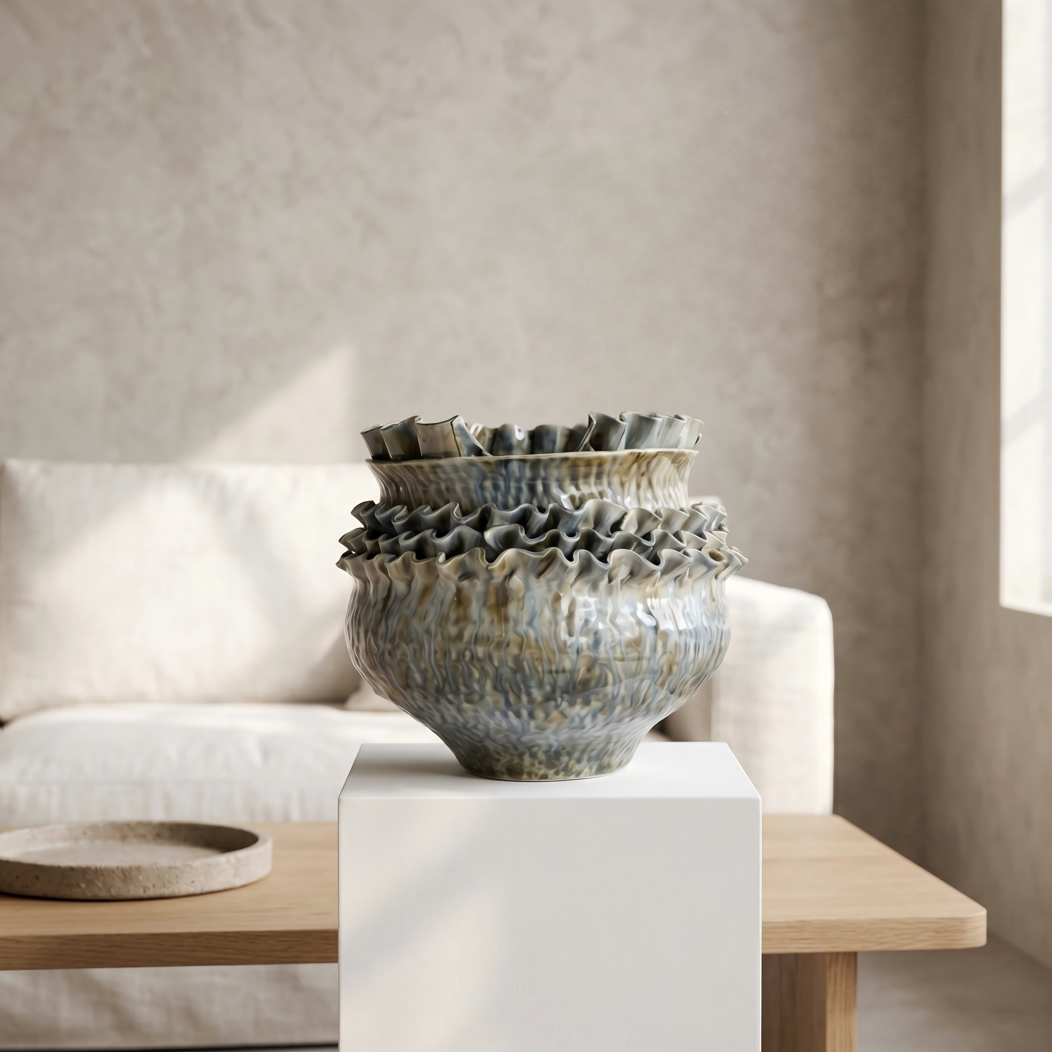 Blue Green Round Belly Ruffled Ceramic Vase