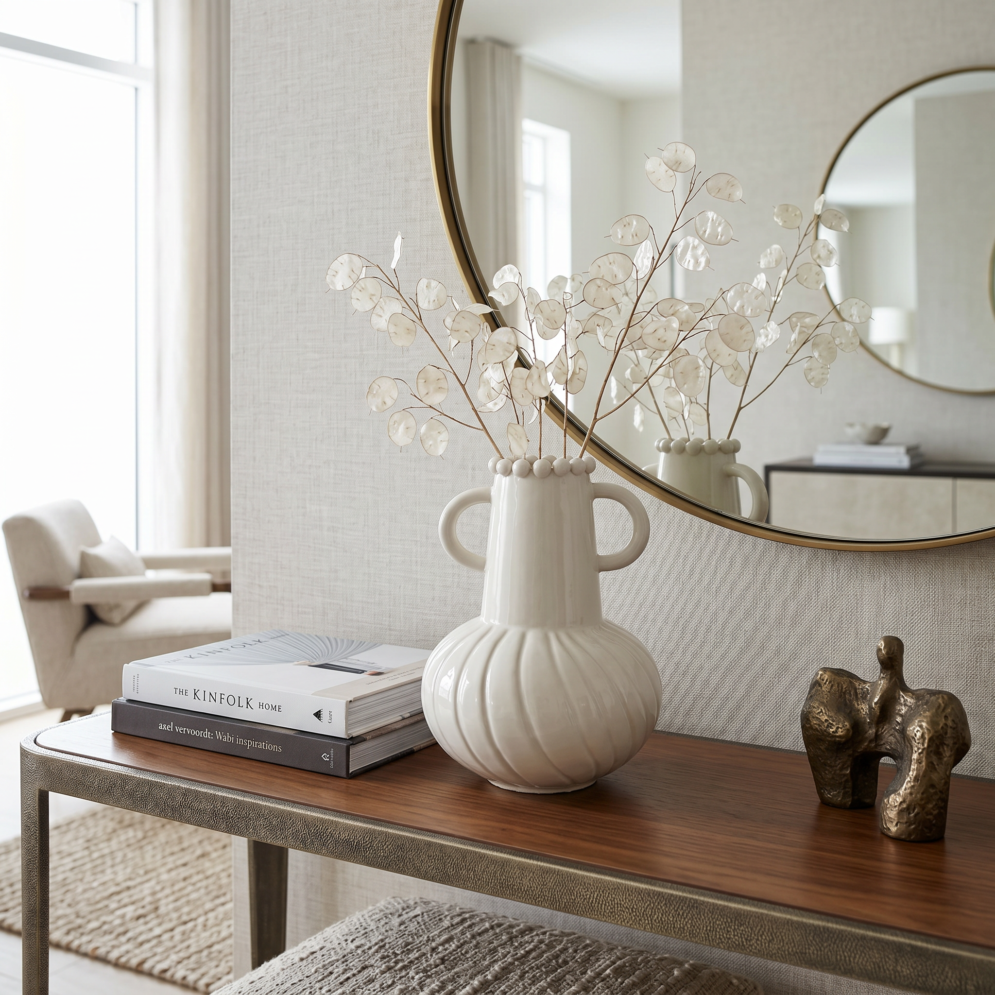White Ceramic Vase with Double Handles Beaded Rim Striped Texture Modern Minimalist for Living Room Decor