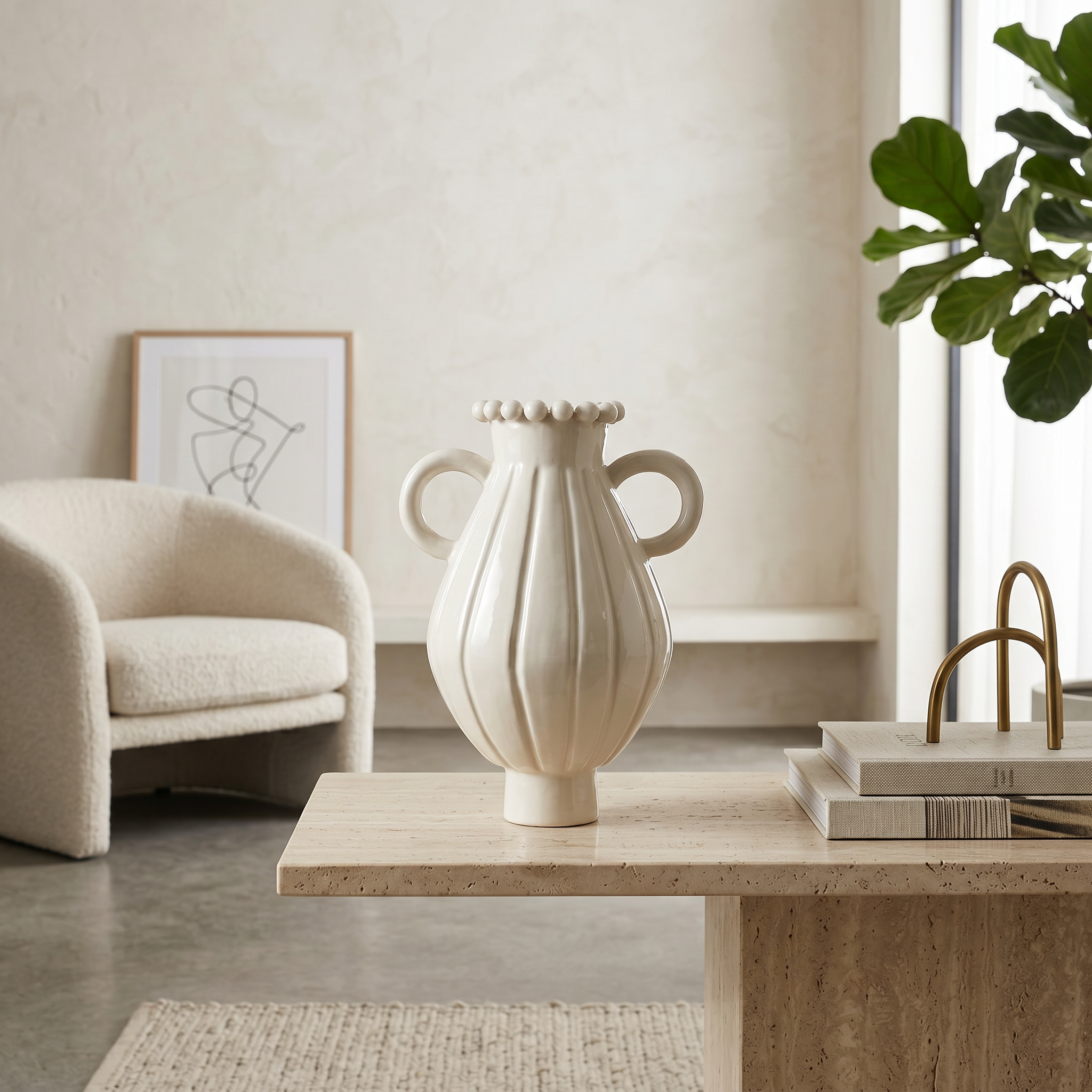 White Glossy Ceramic Vase with Double Handles, Beaded Rim & Vertical Stripes - Modern Minimalist for Home/Hotel Decor