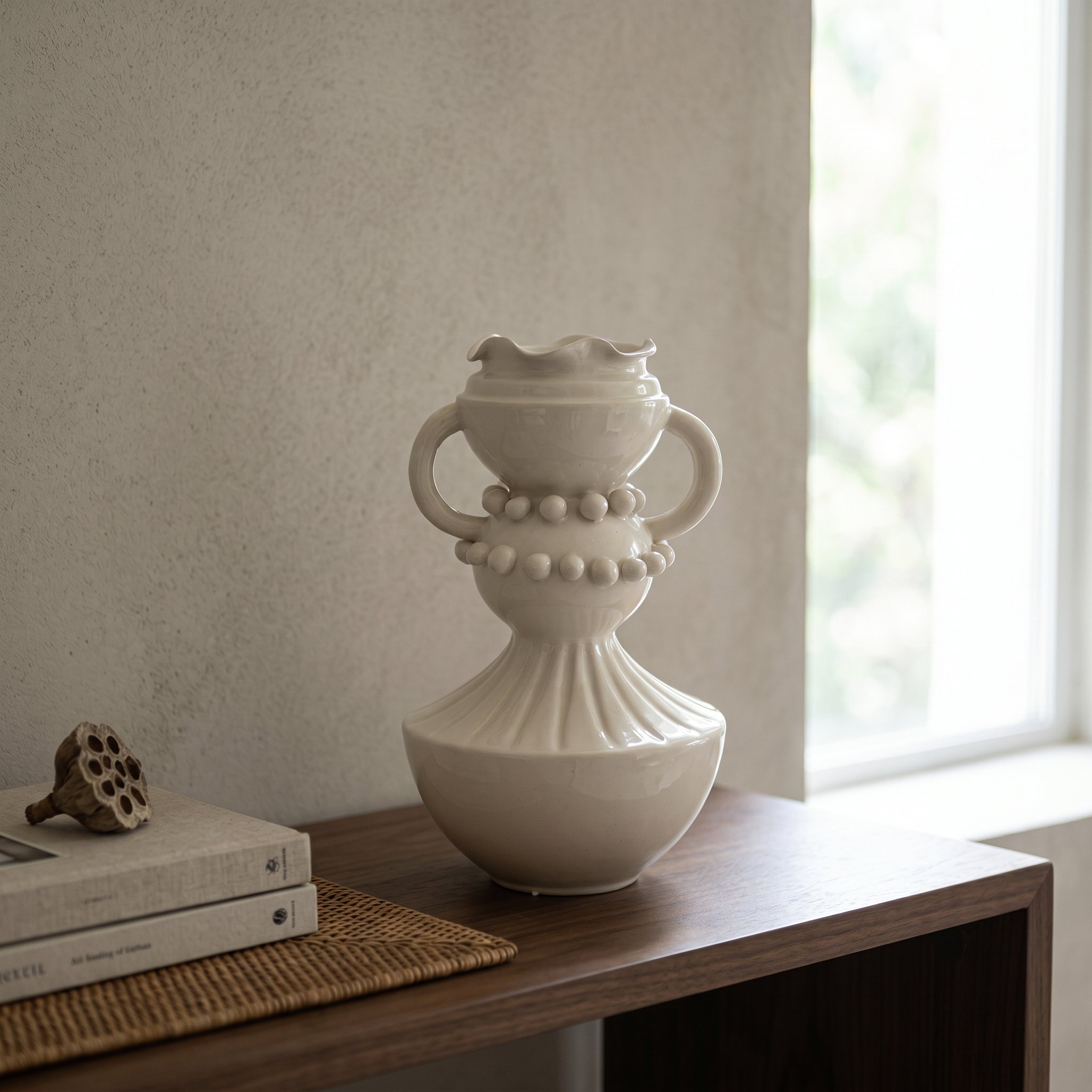 White Beaded Embossed Double Handle Ruffled Rim Ceramic Vase, Modern Art Light Luxury Home Decor