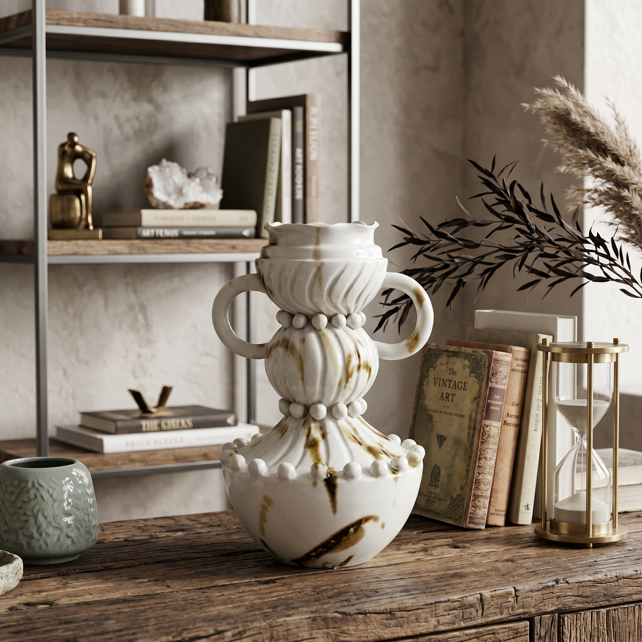 White Glaze Brown Splatter Embossed Double Loop Handle Gourd Ceramic Vase - Modern Art Retro Soft Decoration