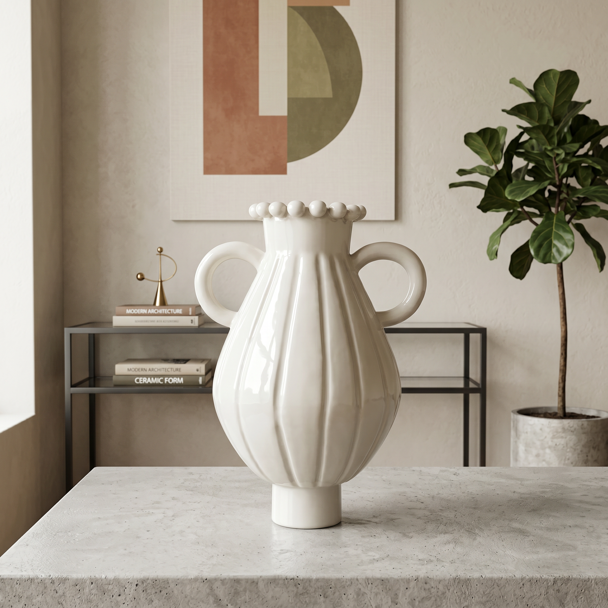White Glossy Ceramic Vase with Double Handles, Beaded Rim & Vertical Stripes - Modern Minimalist for Home/Hotel Decor