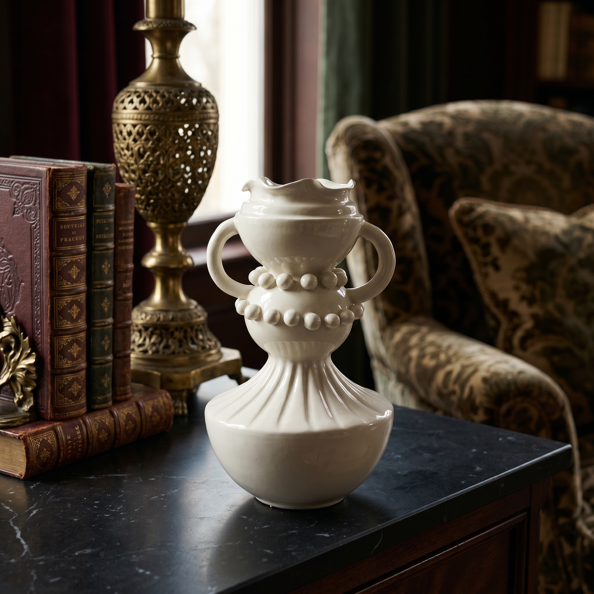 White Beaded Embossed Double Handle Ruffled Rim Ceramic Vase, Modern Art Light Luxury Home Decor