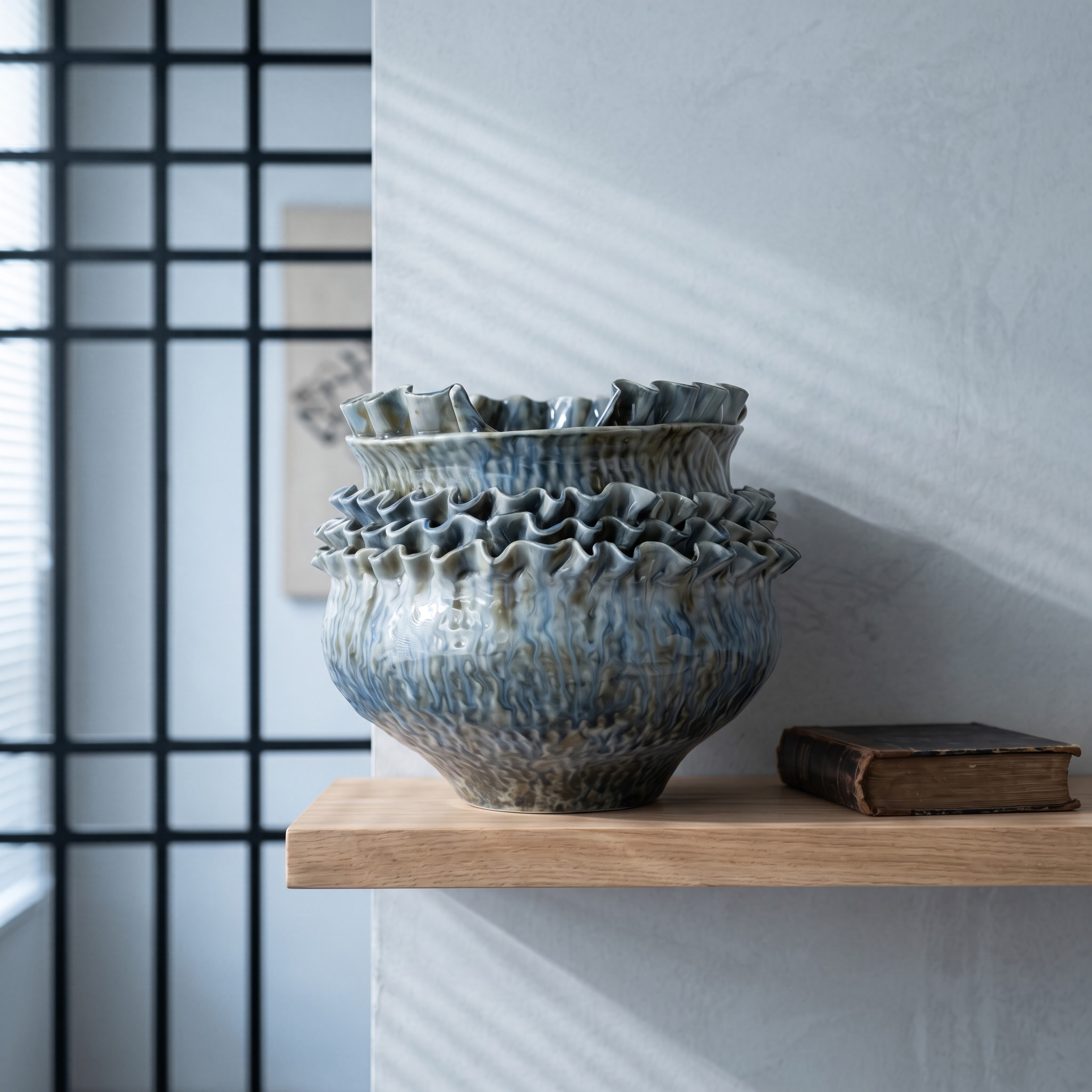 Blue Green Round Belly Ruffled Ceramic Vase