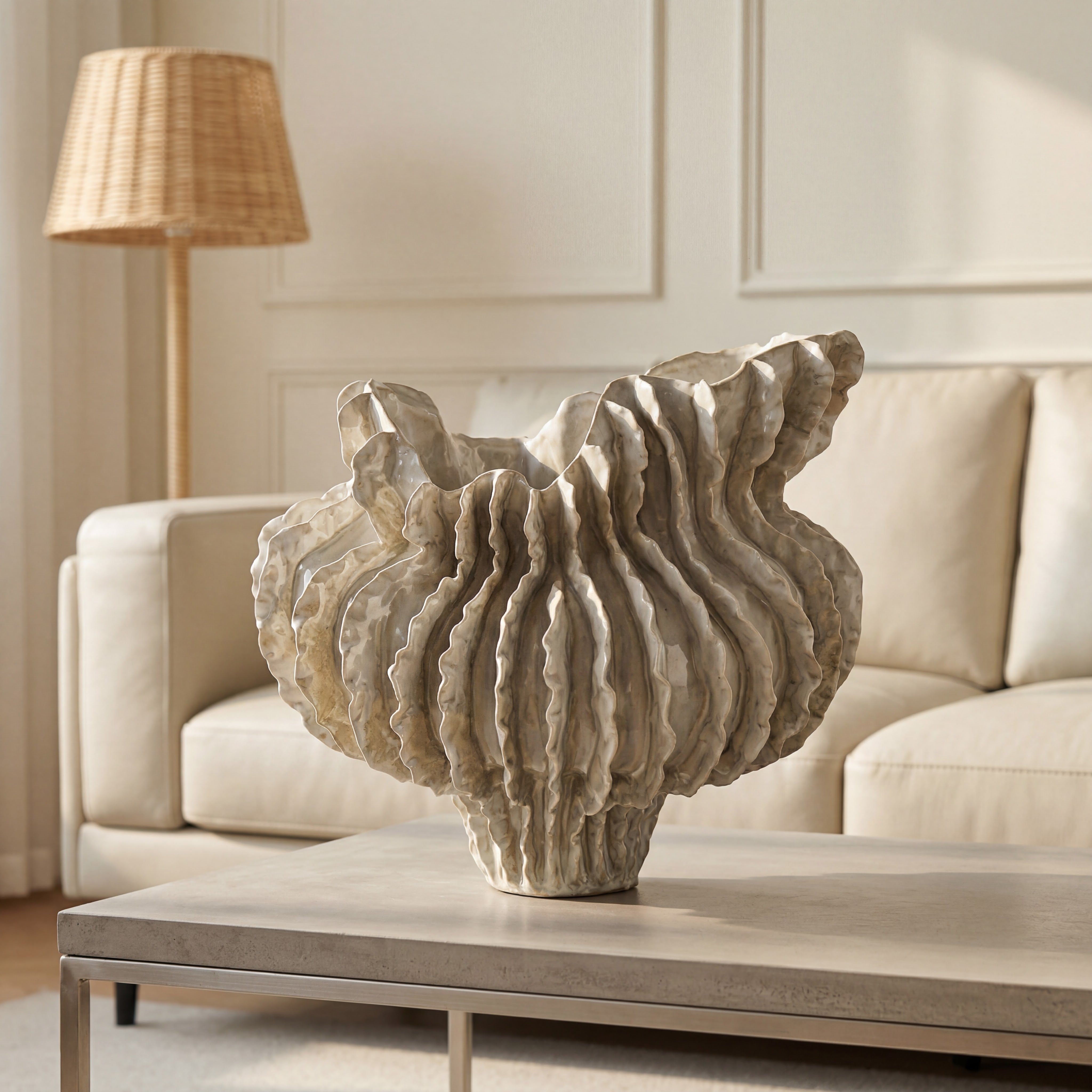 White Ribbed Ceramic Bowl & Tray
