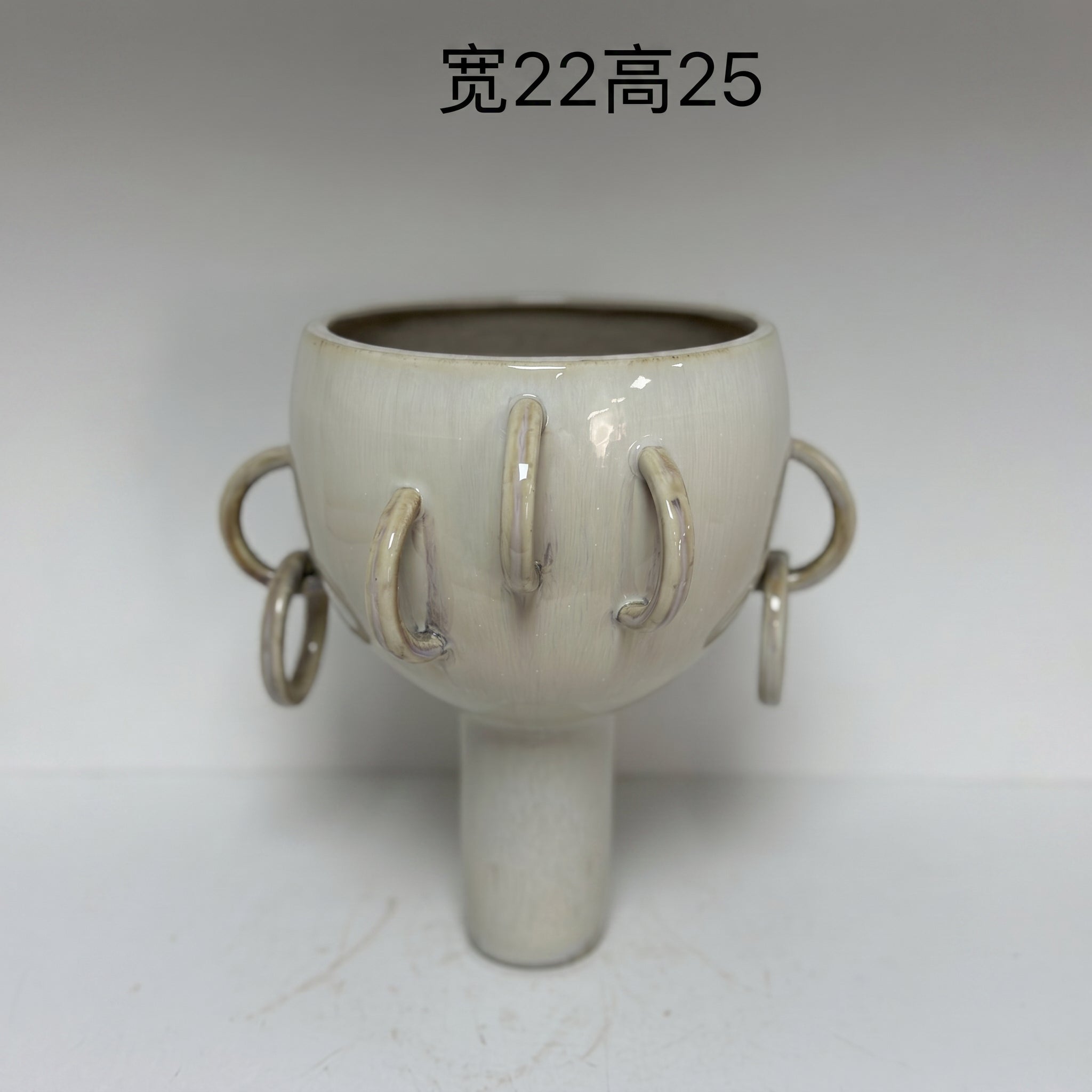 Milky White Glaze Ceramic Vase with Ring Handles, High Foot Modern Art Style for Tea Room Decor