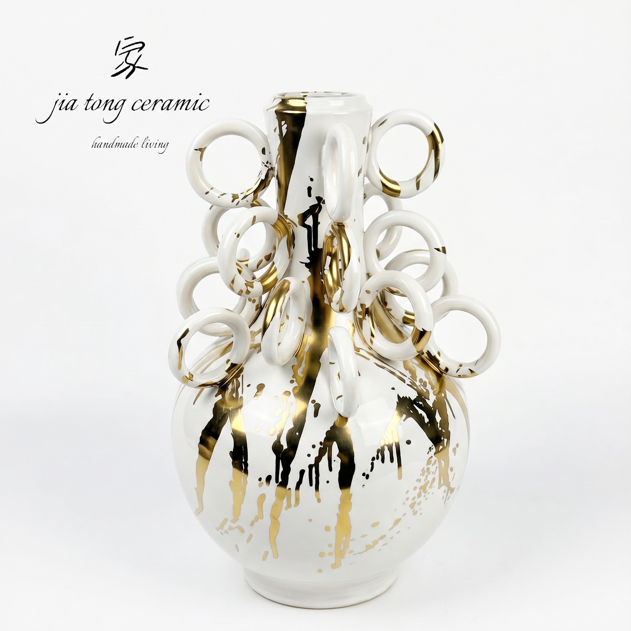 White and Gold Ring Ceramic Vase