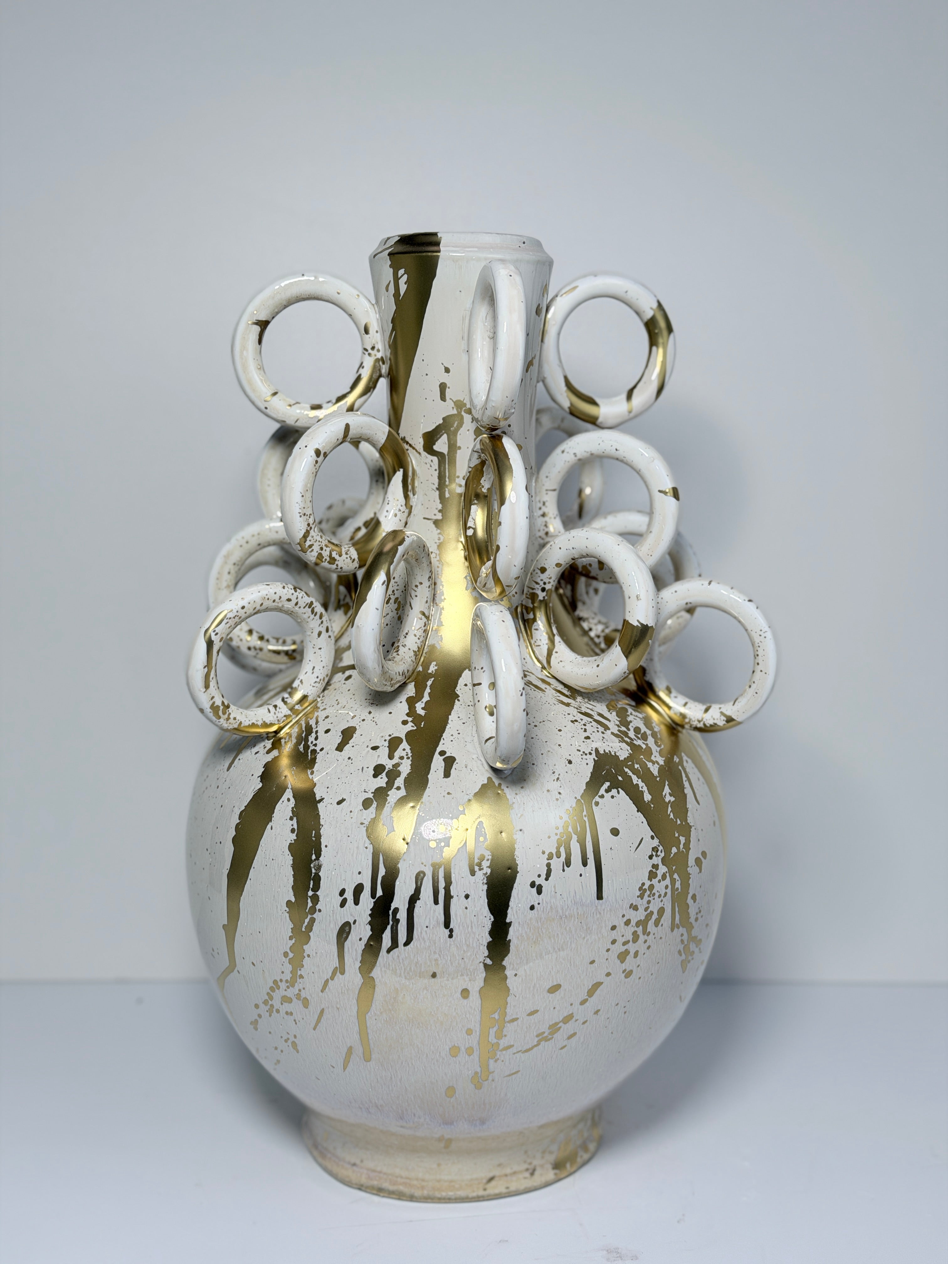 White and Gold Ring Ceramic Vase