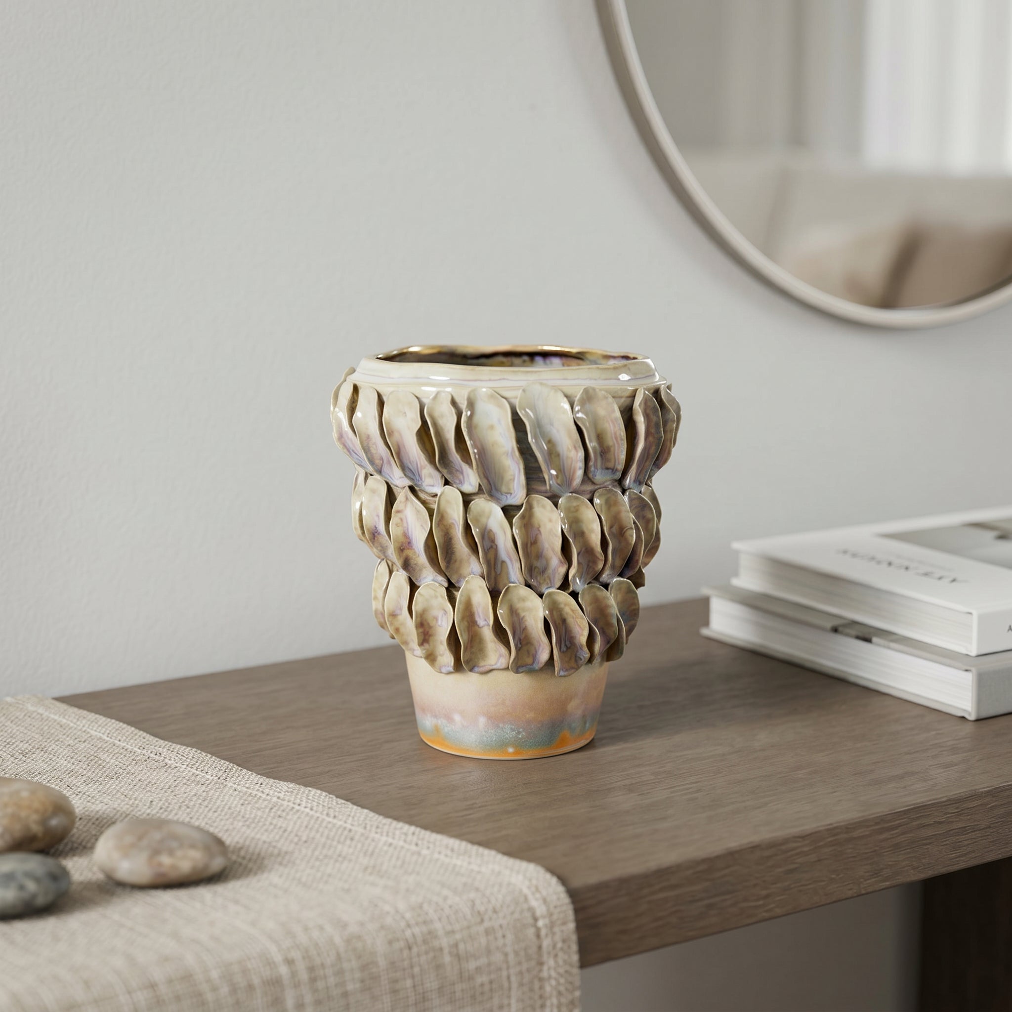 Hand - Pinched Oyster Shell Relief Ceramic Vase, Iridescent Glaze Modern Art Vase for Sample Room Soft Decoration