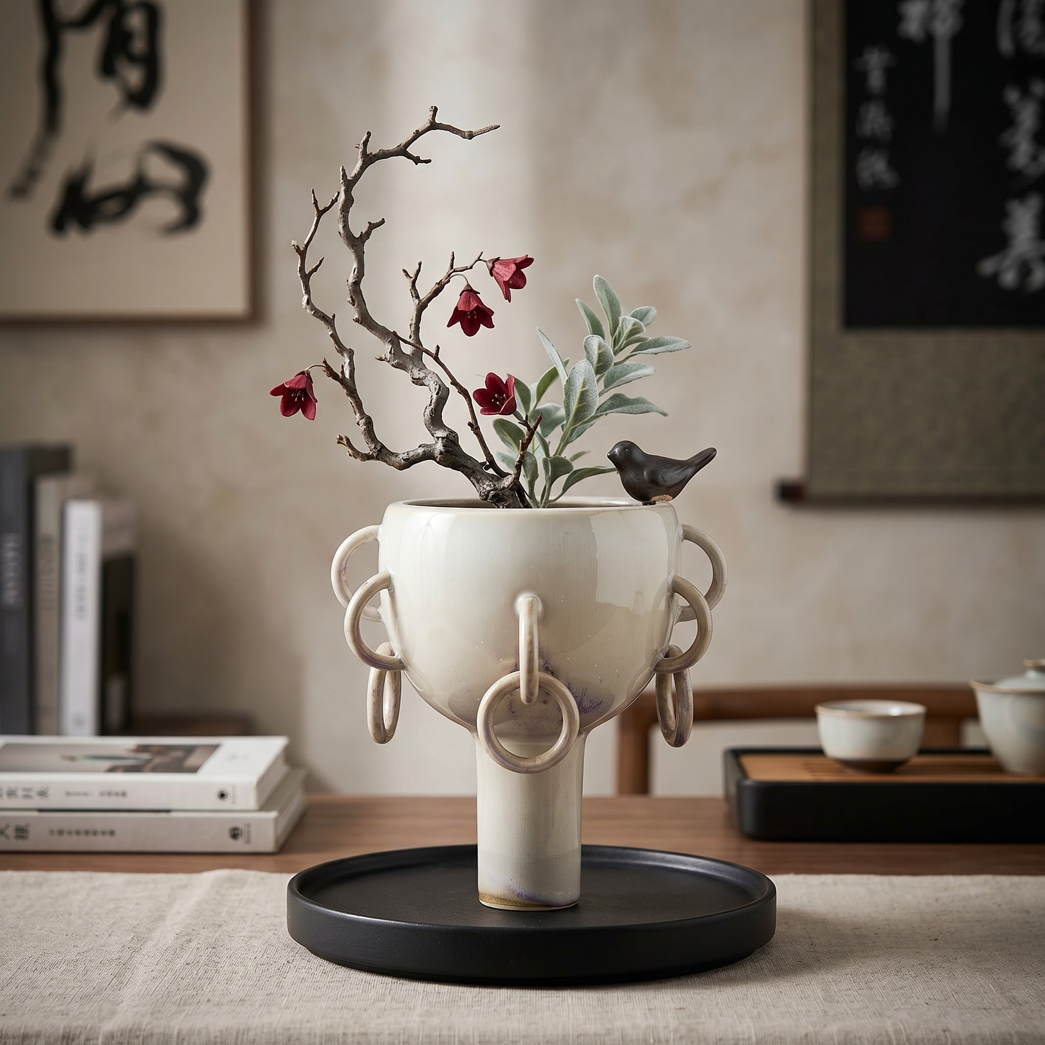 Milky White Glaze Ceramic Vase with Ring Handles, High Foot Modern Art Style for Tea Room Decor