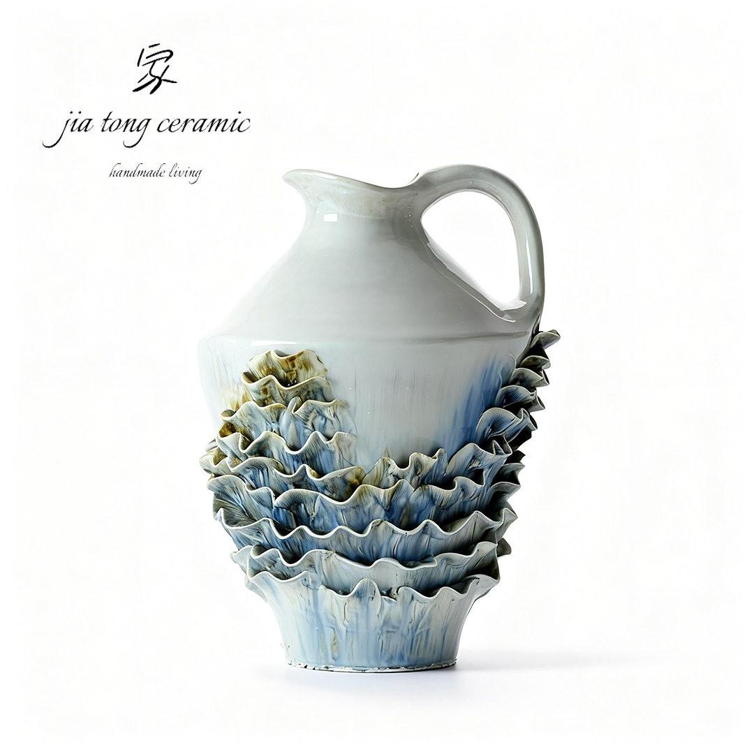 Blue Green Ruffled Ceramic Vase | MANUAL-0070 | JIATONG CERAMICS