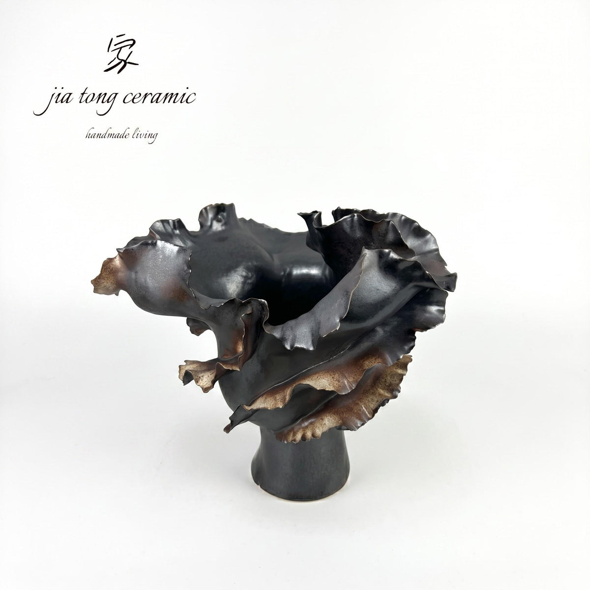 Black Pedestal Petal Ceramic Bowl & Tray | MANUAL-0129 | JIATONG CERAMICS