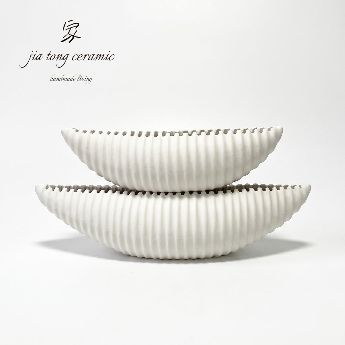 White Ribbed Oval Ceramic Bowl & Tray | MANUAL-0147 | JIATONG CERAMICS