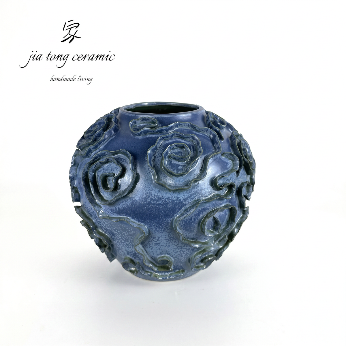 Blue Round Belly Embossed Ceramic Vase | MANUAL-0286 | JIATONG CERAMICS