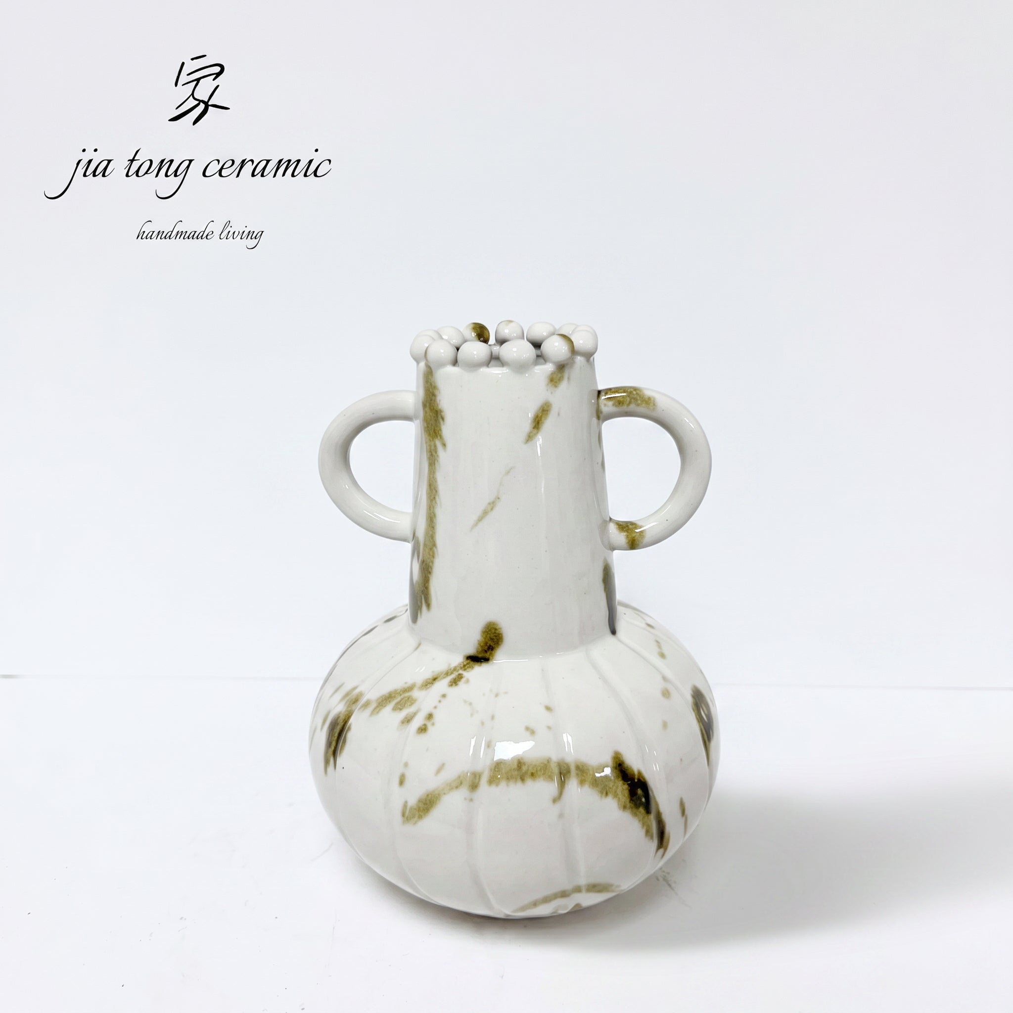 White Ink-Splashed Ceramic Vase with Double Handles & Round Belly, Modern Art Living Room Decor