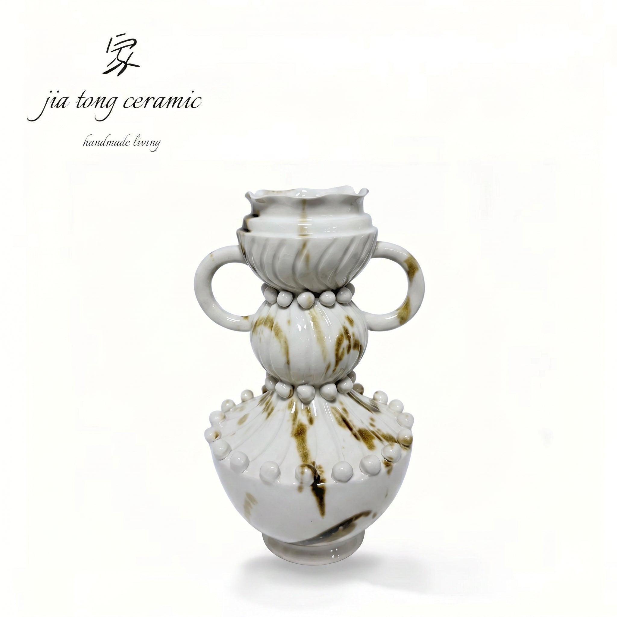 White Glaze Brown Splatter Embossed Double Loop Handle Gourd Ceramic Vase - Modern Art Retro Soft Decoration