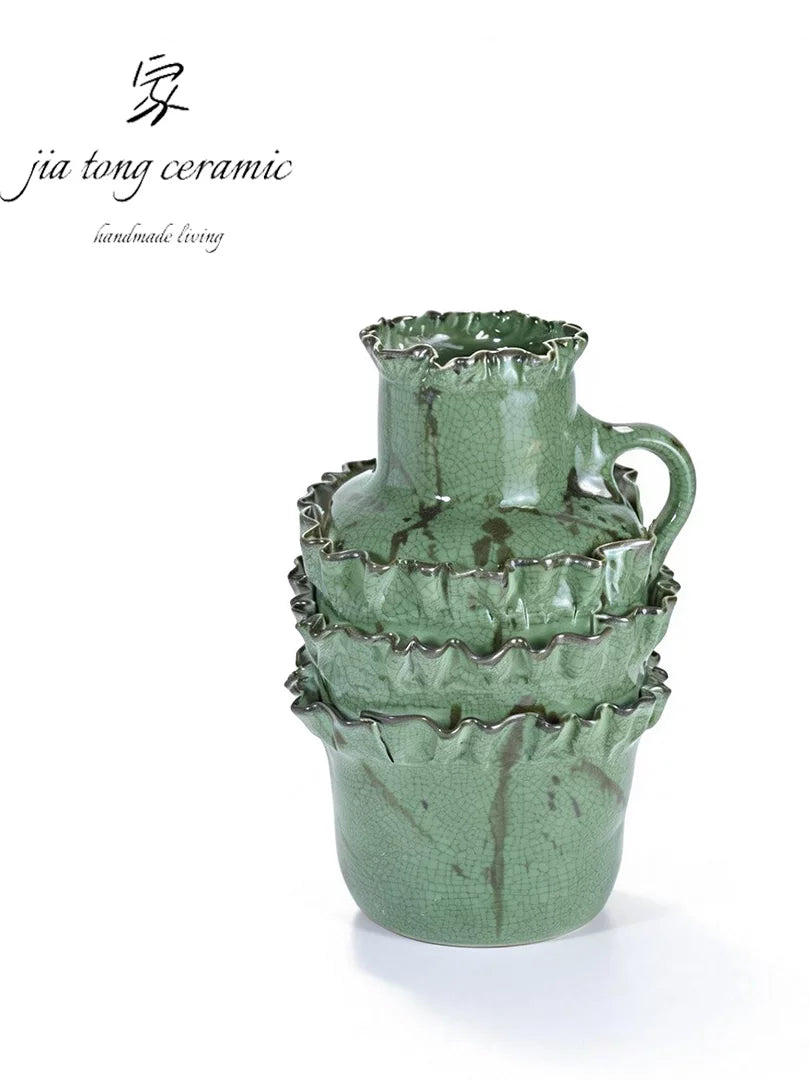 Jiatong handmade ceramic vase green ruffle shaped home decoration ornament