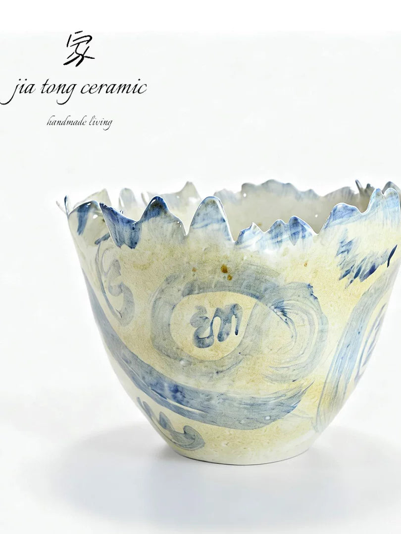 Modern hand-painted ceramic teacup blue and white wavy irregular edge home creative personality ornament