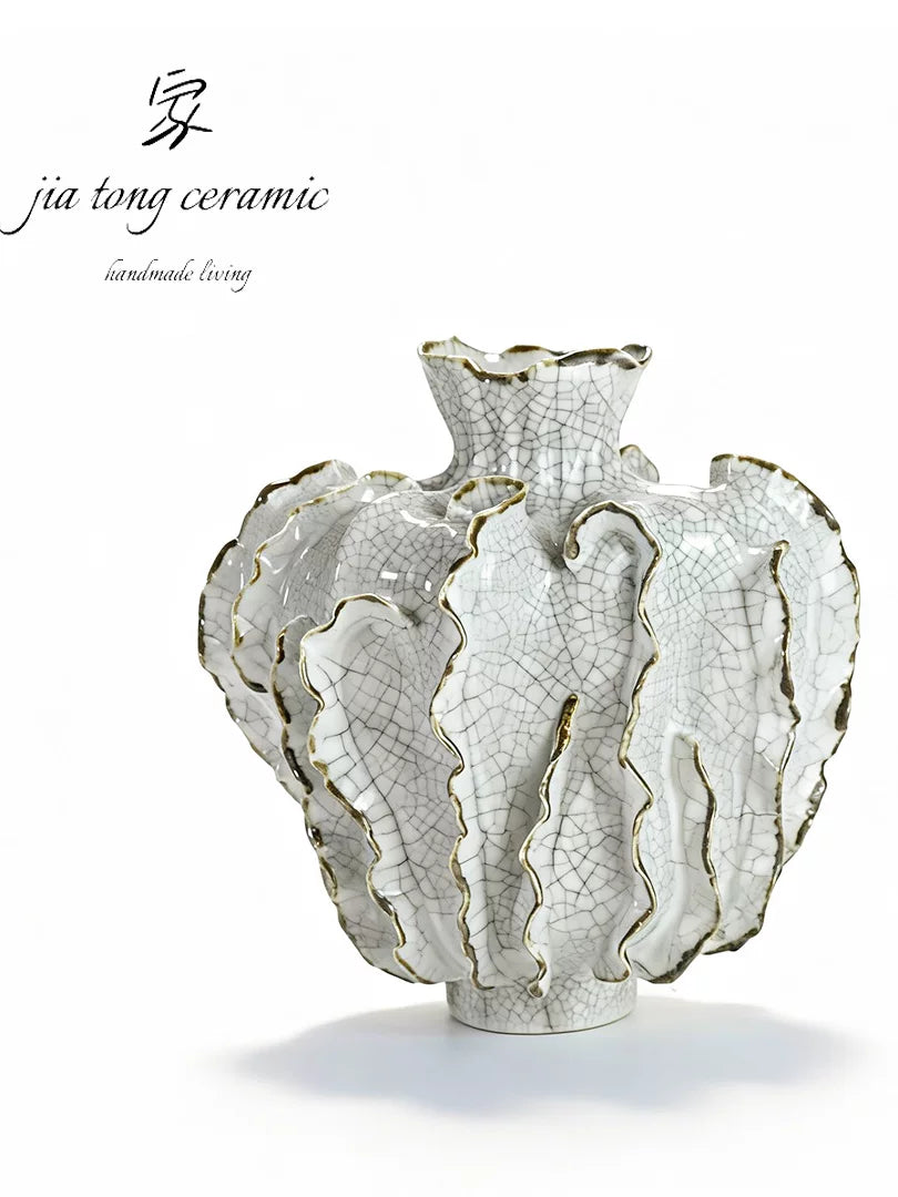 Light luxury handmade ceramic vase white irregular wave shape gold rim decoration ornament