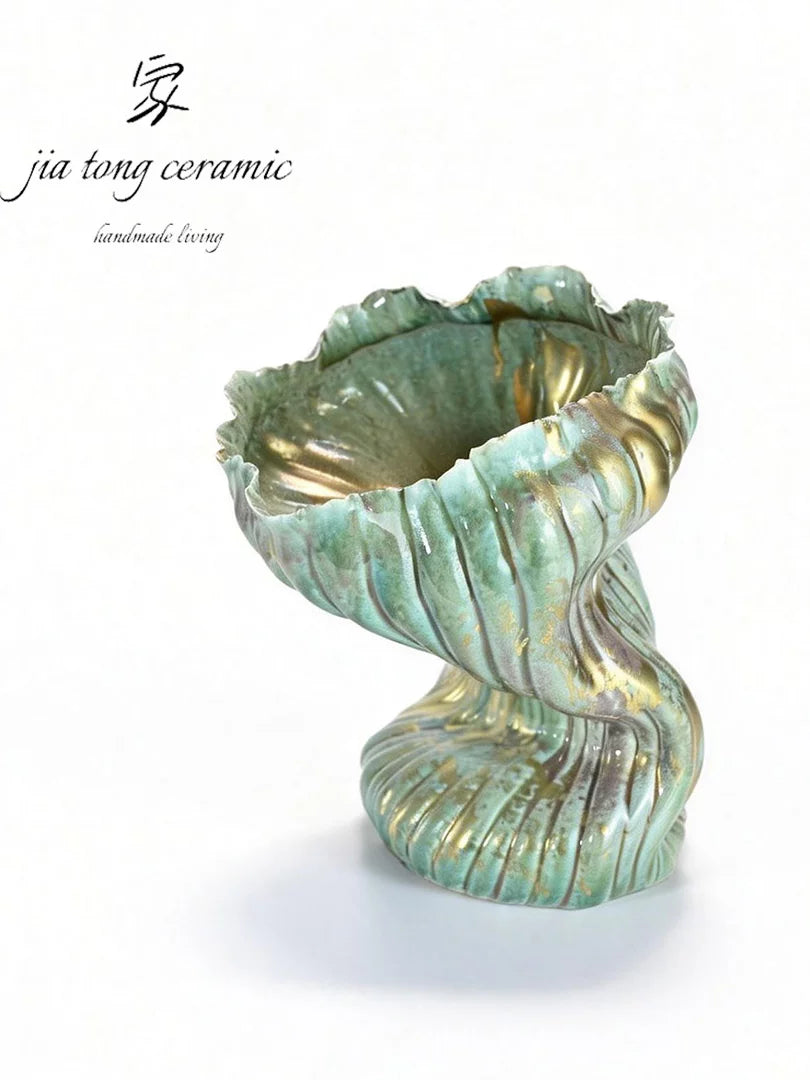 Jiatong handmade ceramic vase home decoration green shell shape creative ornament