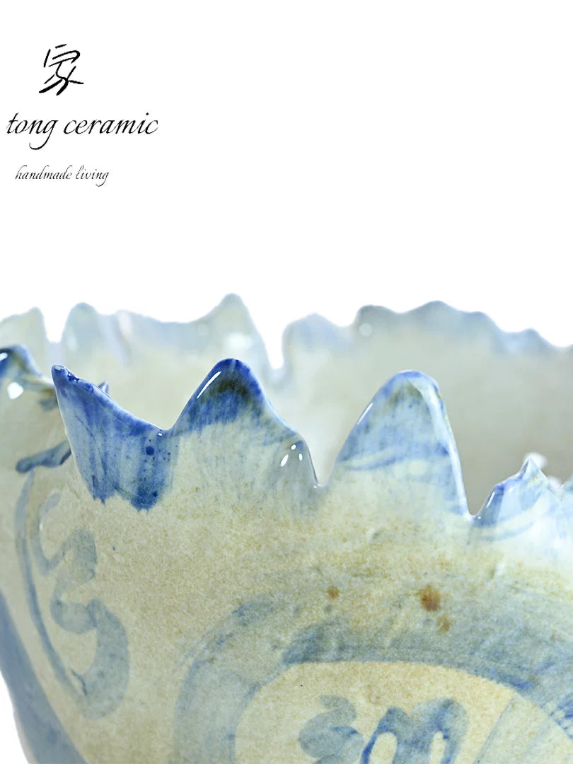 Modern hand-painted ceramic teacup blue and white wavy irregular edge home creative personality ornament