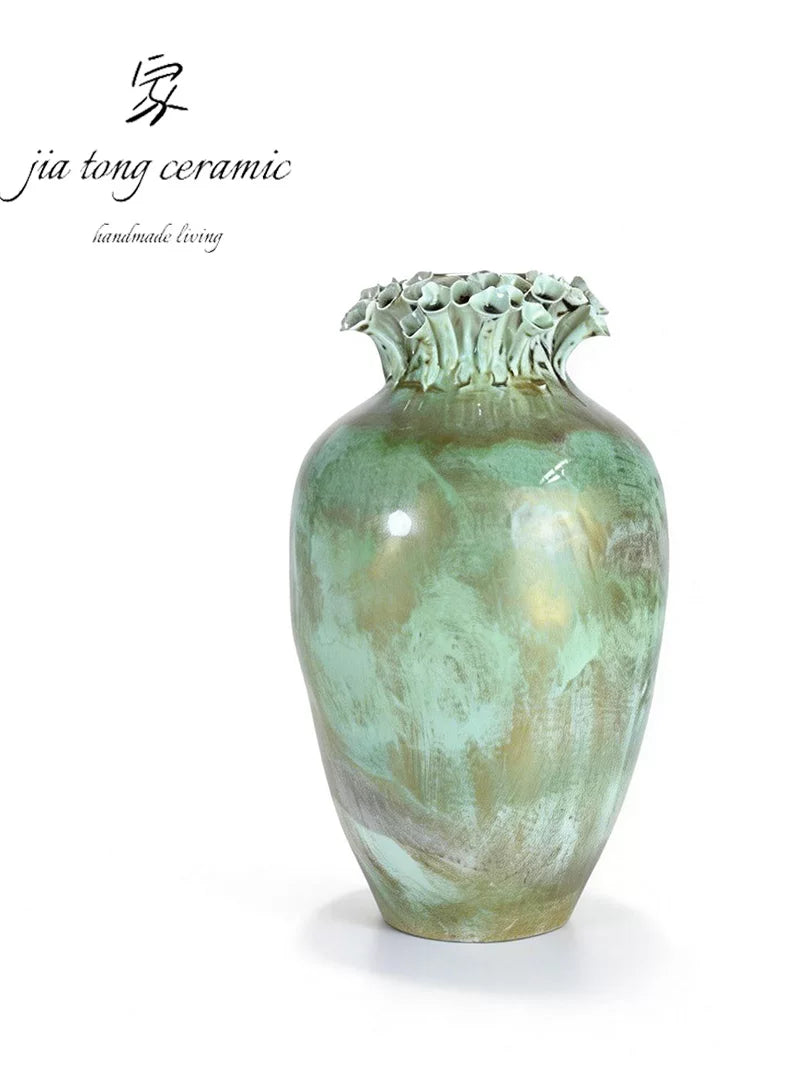 New Chinese handmade glazed vase, green ceramic living room decoration ornament, high-end light luxury flower arranger