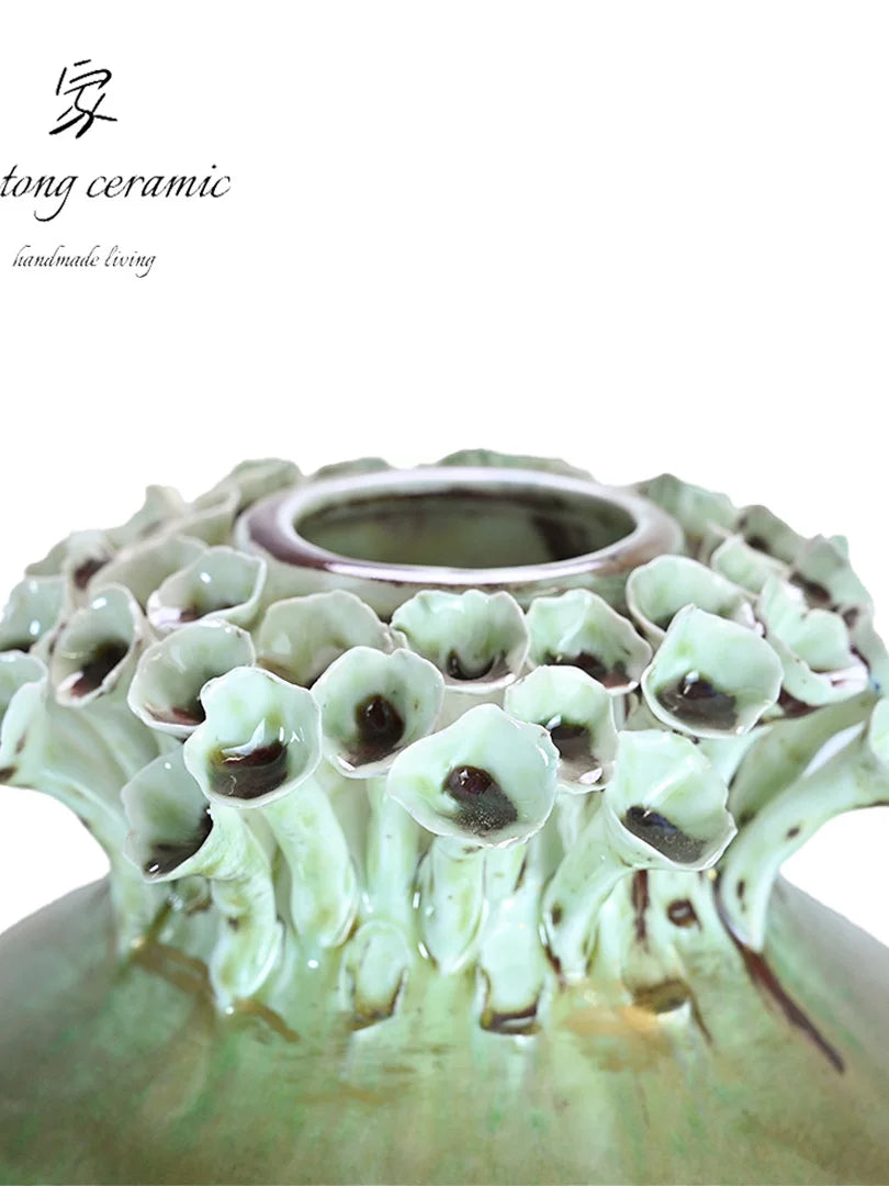 New Chinese handmade glazed vase, green ceramic living room decoration ornament, high-end light luxury flower arranger
