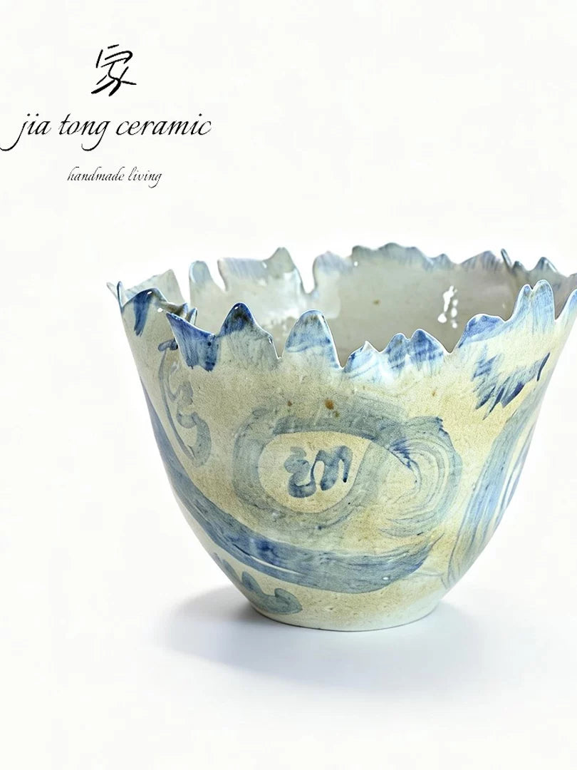 Modern hand-painted ceramic teacup blue and white wavy irregular edge home creative personality ornament