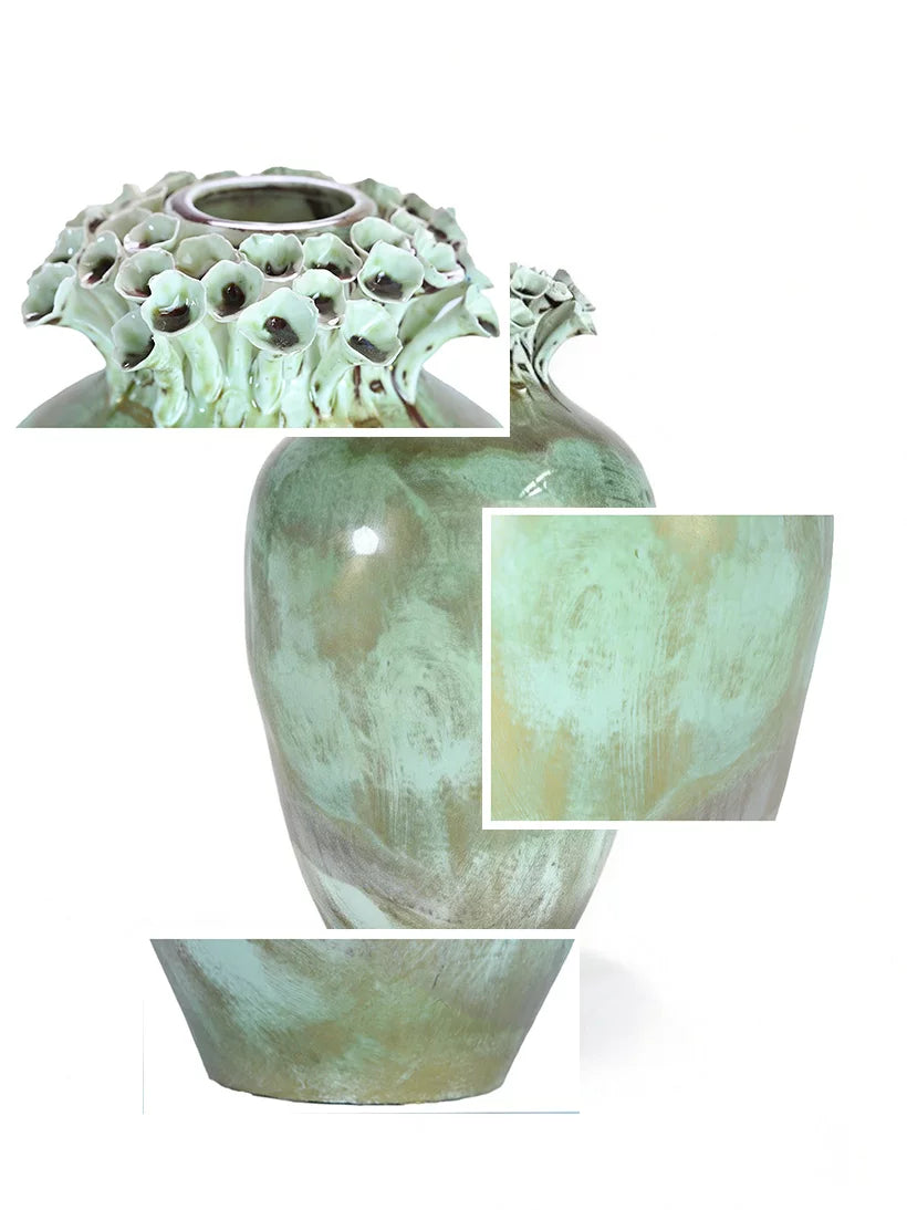 New Chinese handmade glazed vase, green ceramic living room decoration ornament, high-end light luxury flower arranger