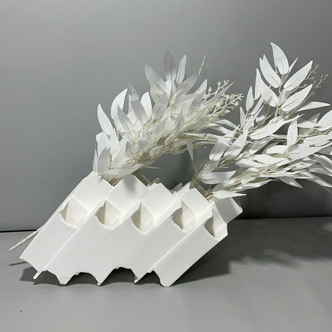 Minimalist light luxury white ceramic inclined square tube flower arrangement, creative vase ornaments, model room, sales office, living room ornaments